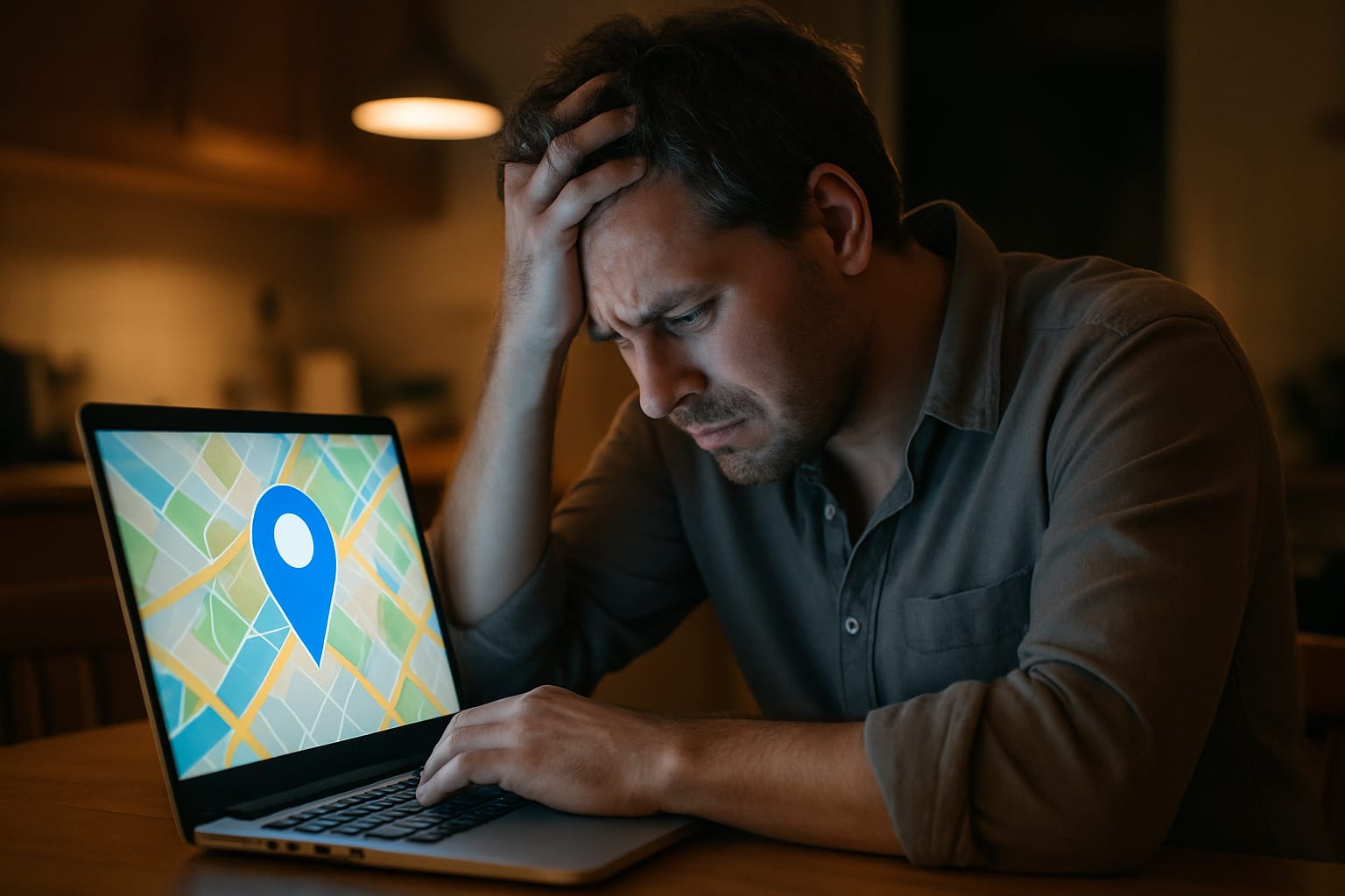 Stressed business owner at laptop viewing suspended Google Maps listing