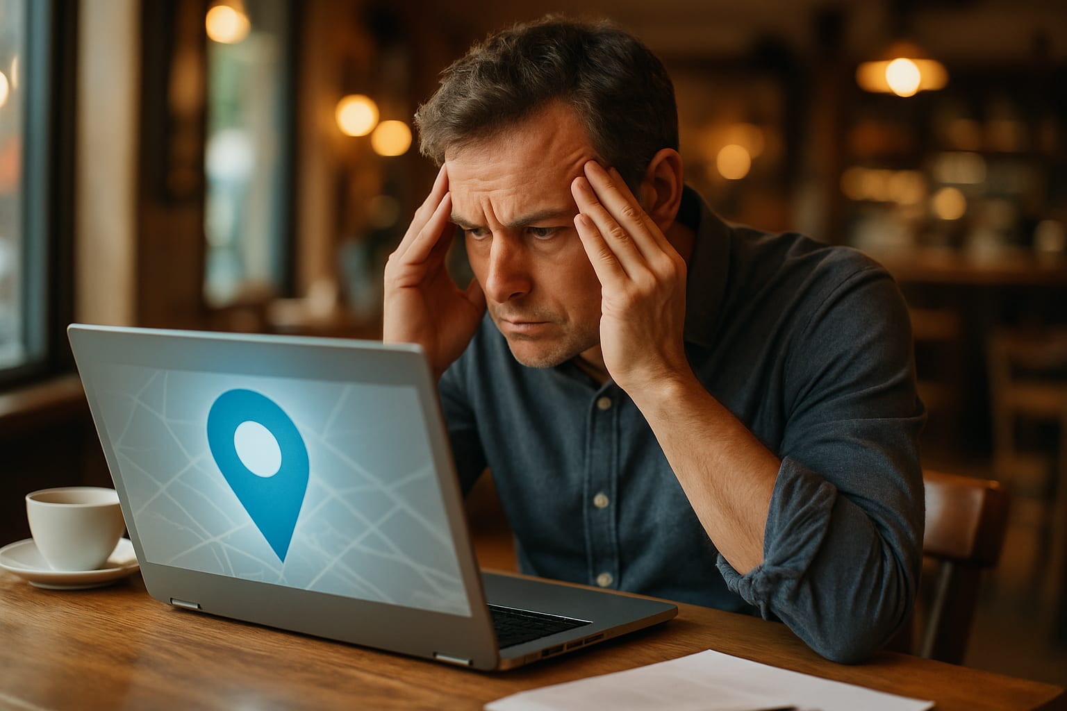 Stressed small business owner staring at duplicate Google Maps listing on laptop