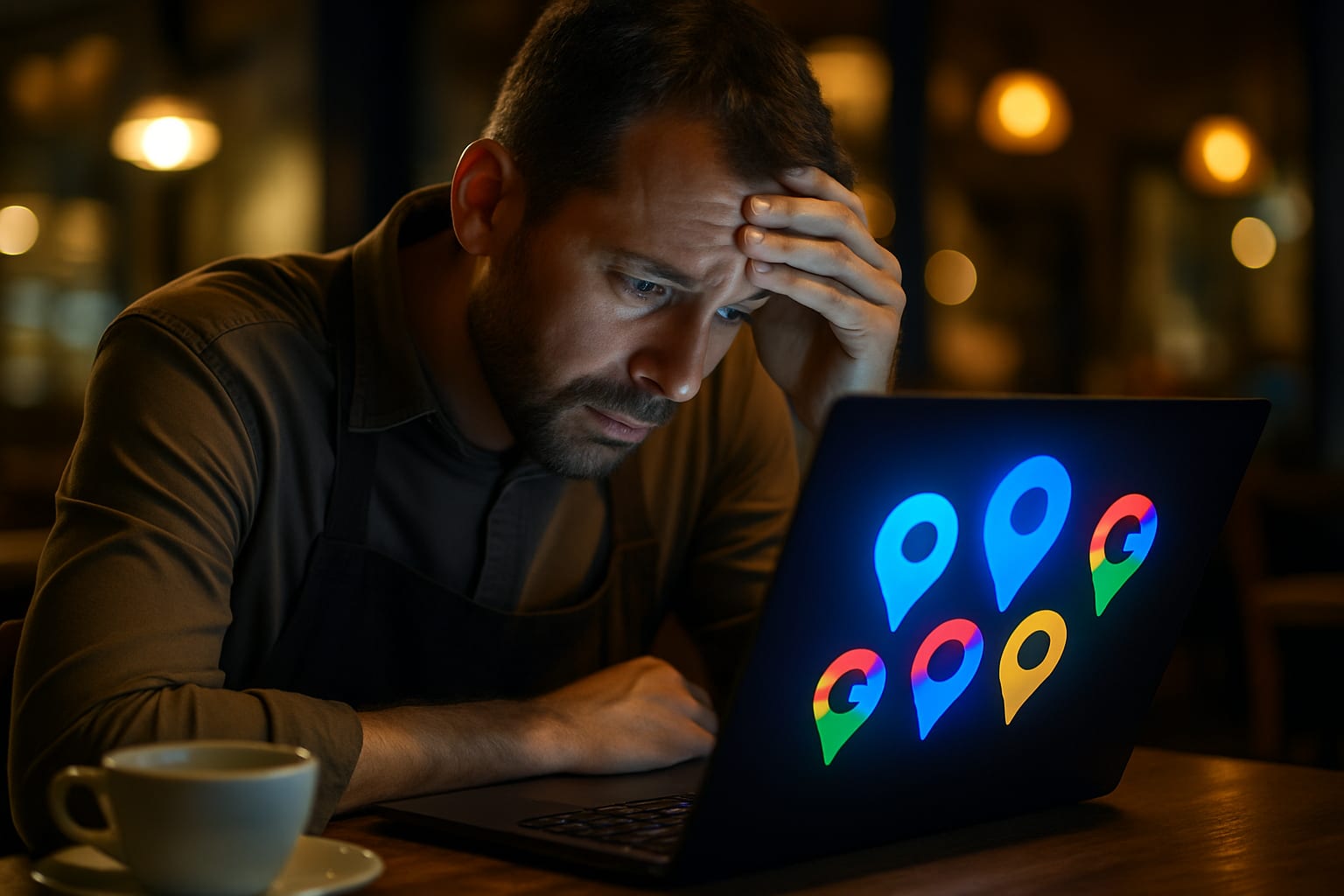 Stressed small business owner examining disappearing Google Maps listing on laptop