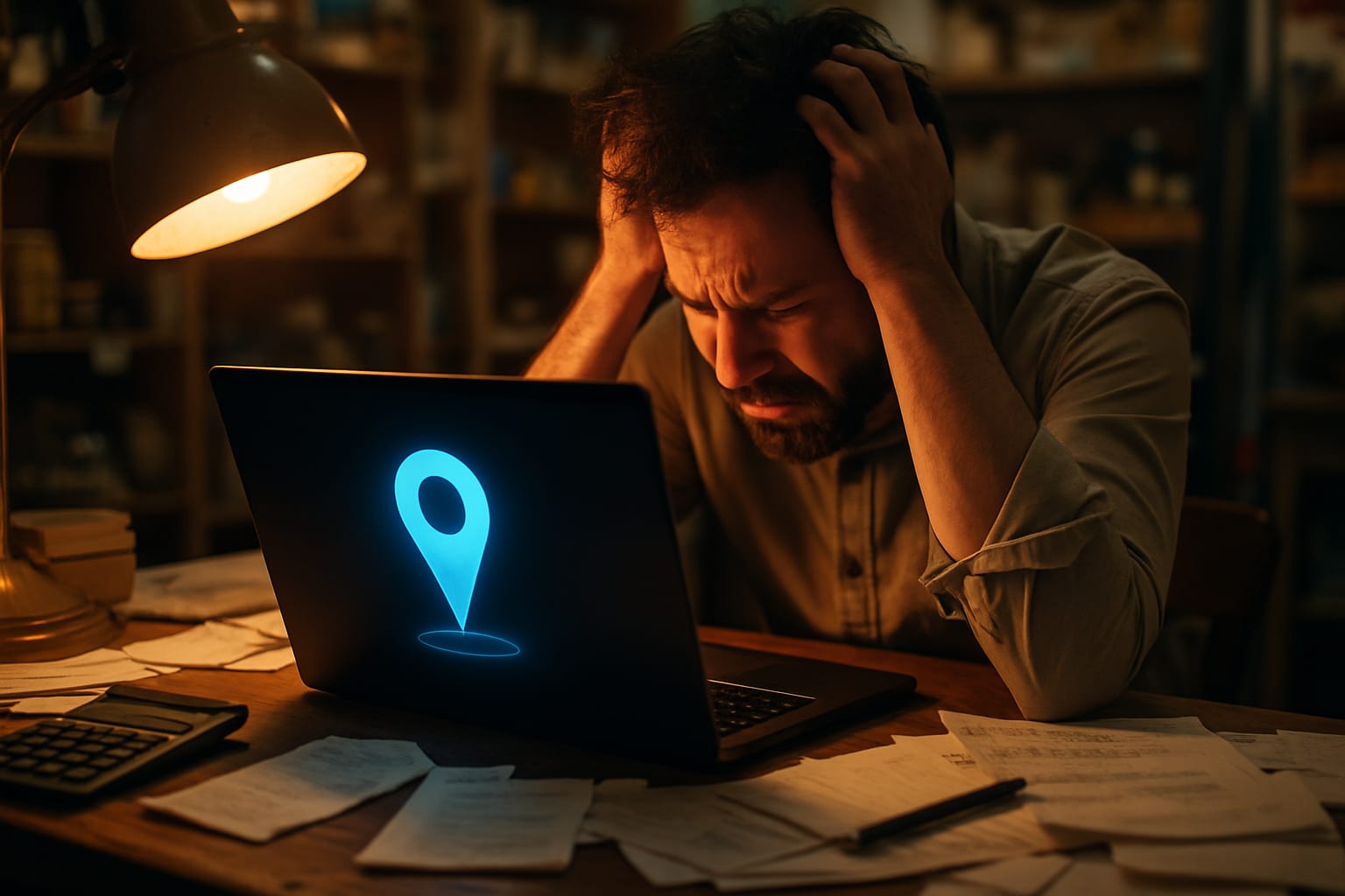 Stressed business owner reacting to suspended Google Business Profile listing