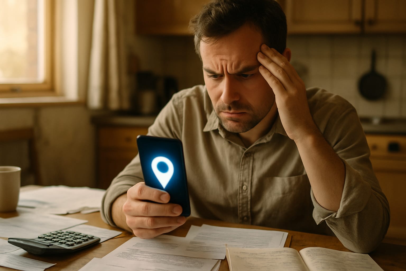 Stressed small business owner viewing Google Maps pin on smartphone