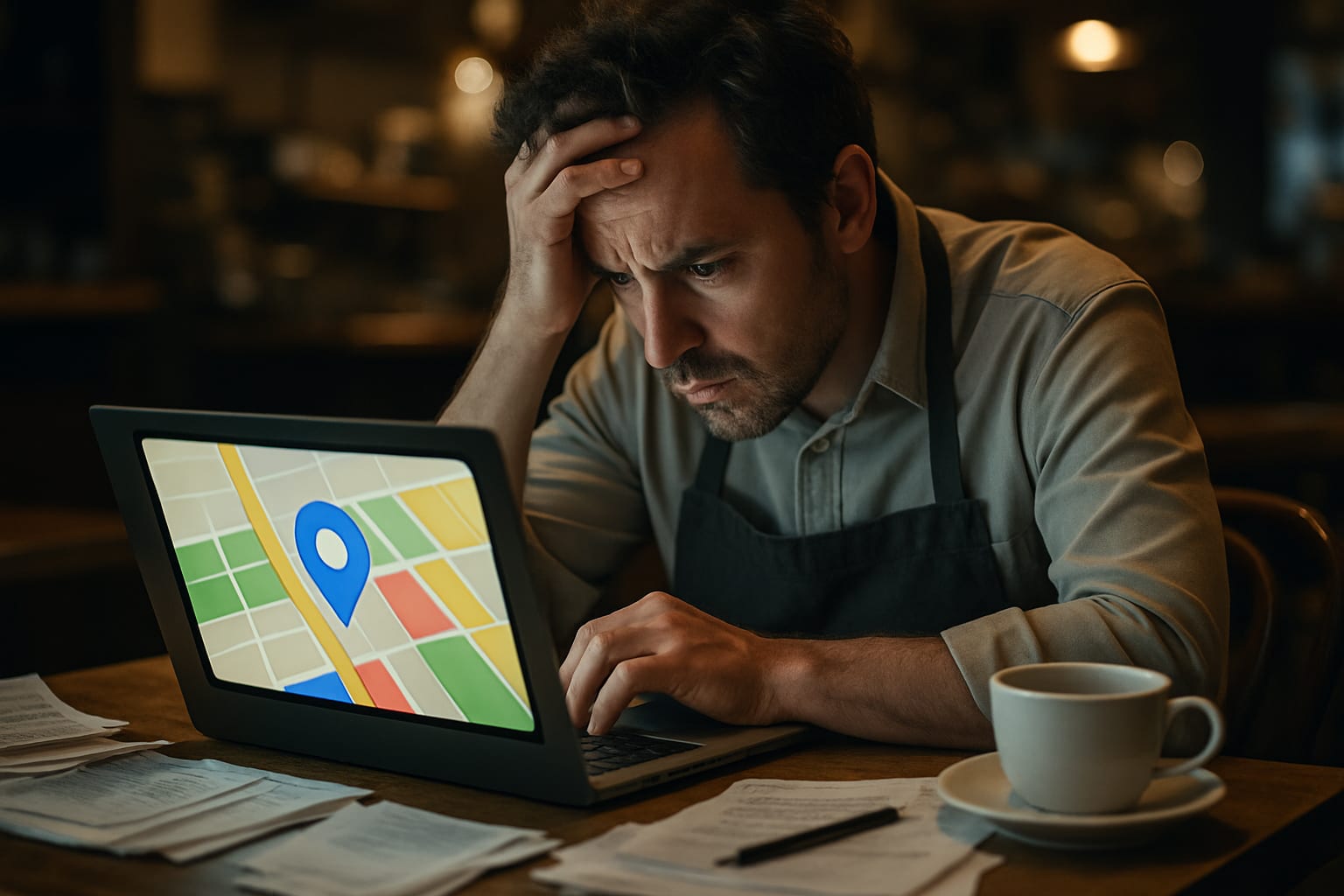 Stressed small business owner viewing suspended Google Business Profile listing