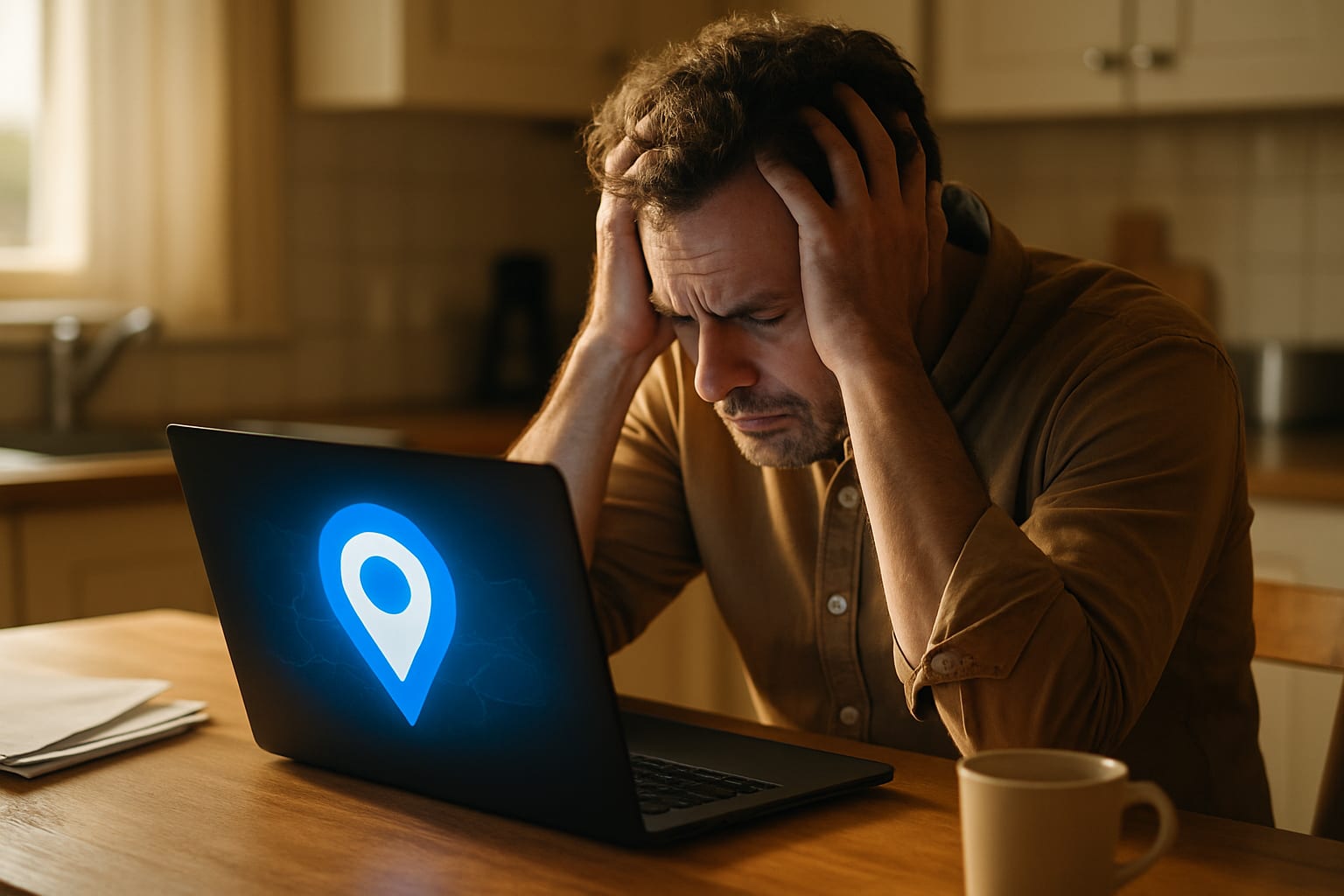 Stressed small business owner reacting to suspended Google Business Profile listing