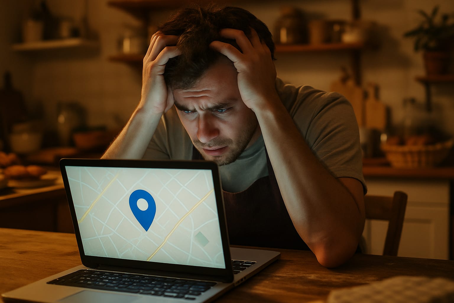 Stressed small business owner frustrated at laptop showing Google Maps