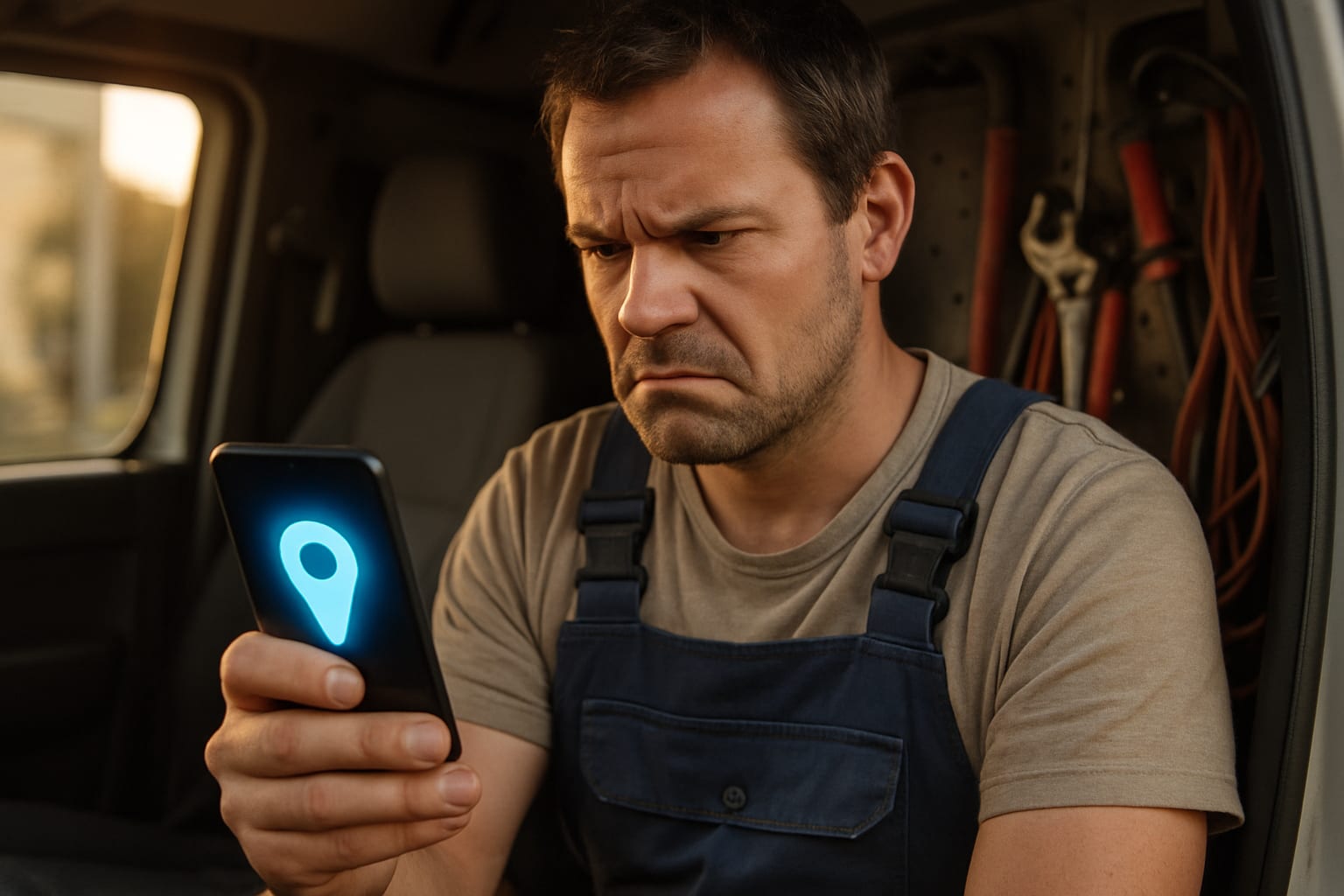 Stressed plumber in work van checking suspended Google Business Profile