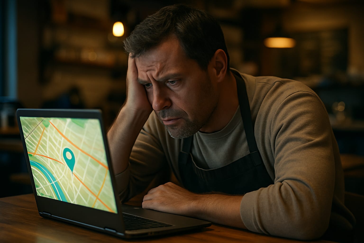 Stressed business owner anxiously viewing suspended Google Maps listing on laptop