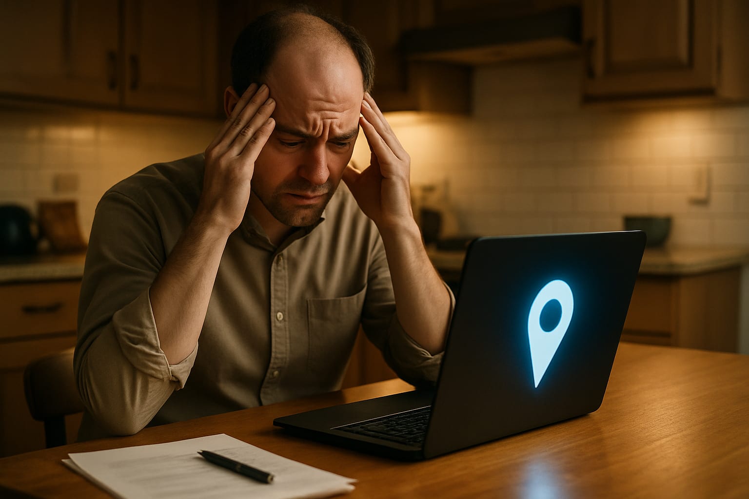 Stressed small business owner reacting to suspended Google Business Profile listing