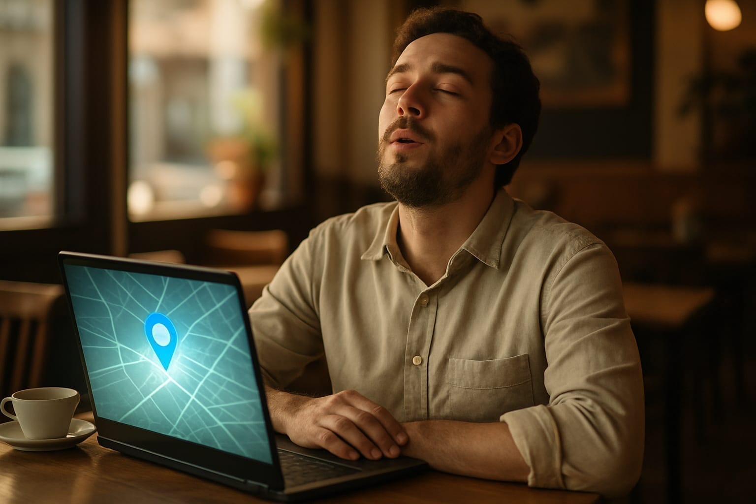 Relieved small business owner views recovered Google Maps listing on laptop