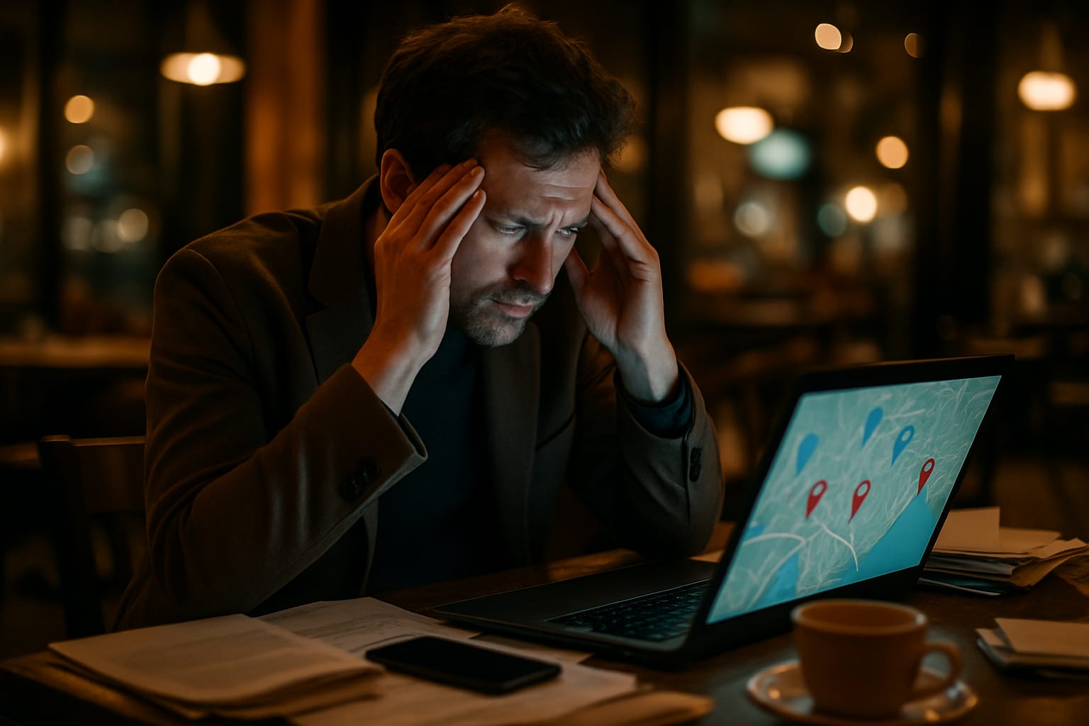 Stressed small business owner viewing suspended Google Maps listing on laptop