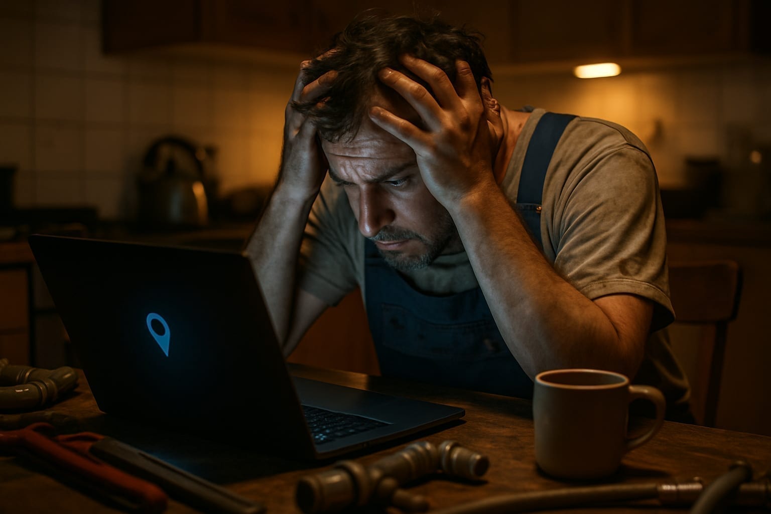 Stressed plumber reviews suspended Google Business Profile on laptop at night