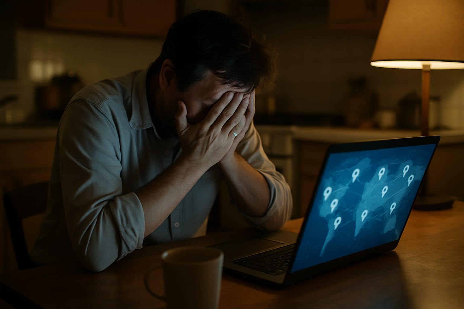 Stressed business owner at laptop displaying Google Maps pin interface