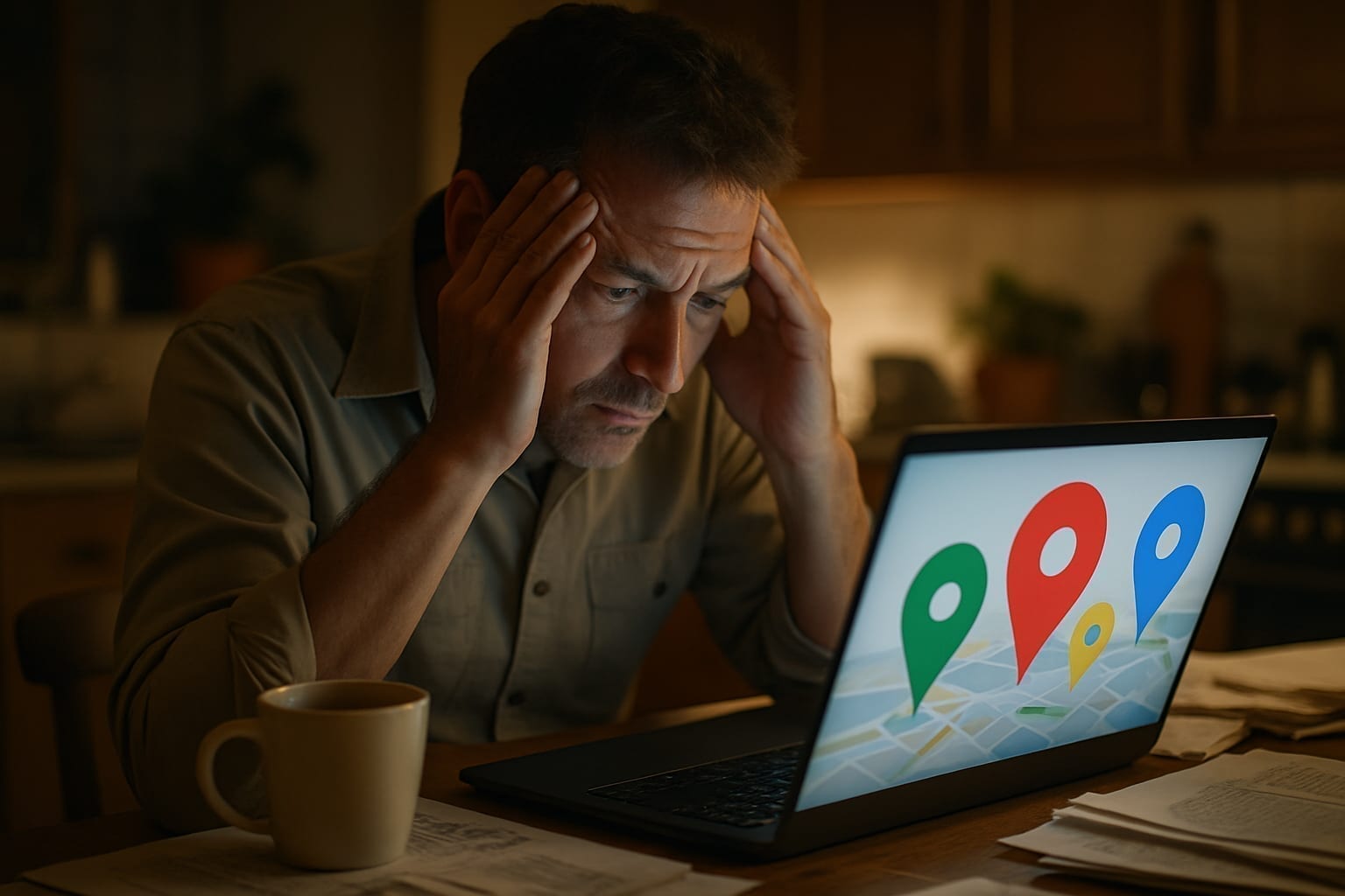 Stressed business owner reviewing Google Maps listing appeal on laptop