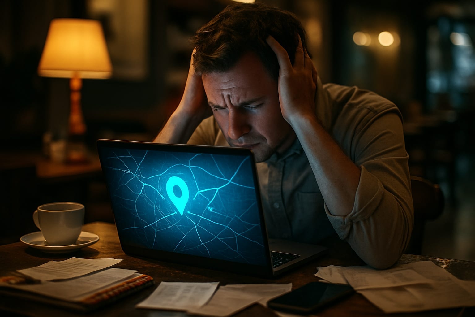Small business owner anxiously viewing suspended Google Maps listing on laptop