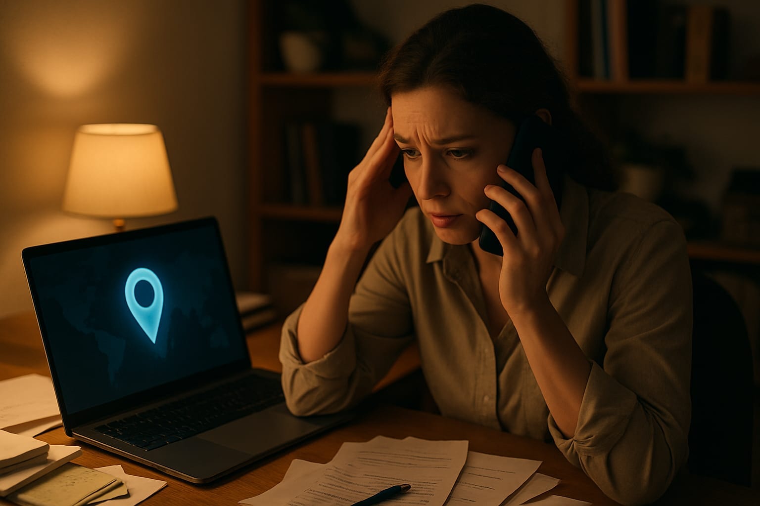 Stressed business owner on phone with Google Maps pin on laptop screen