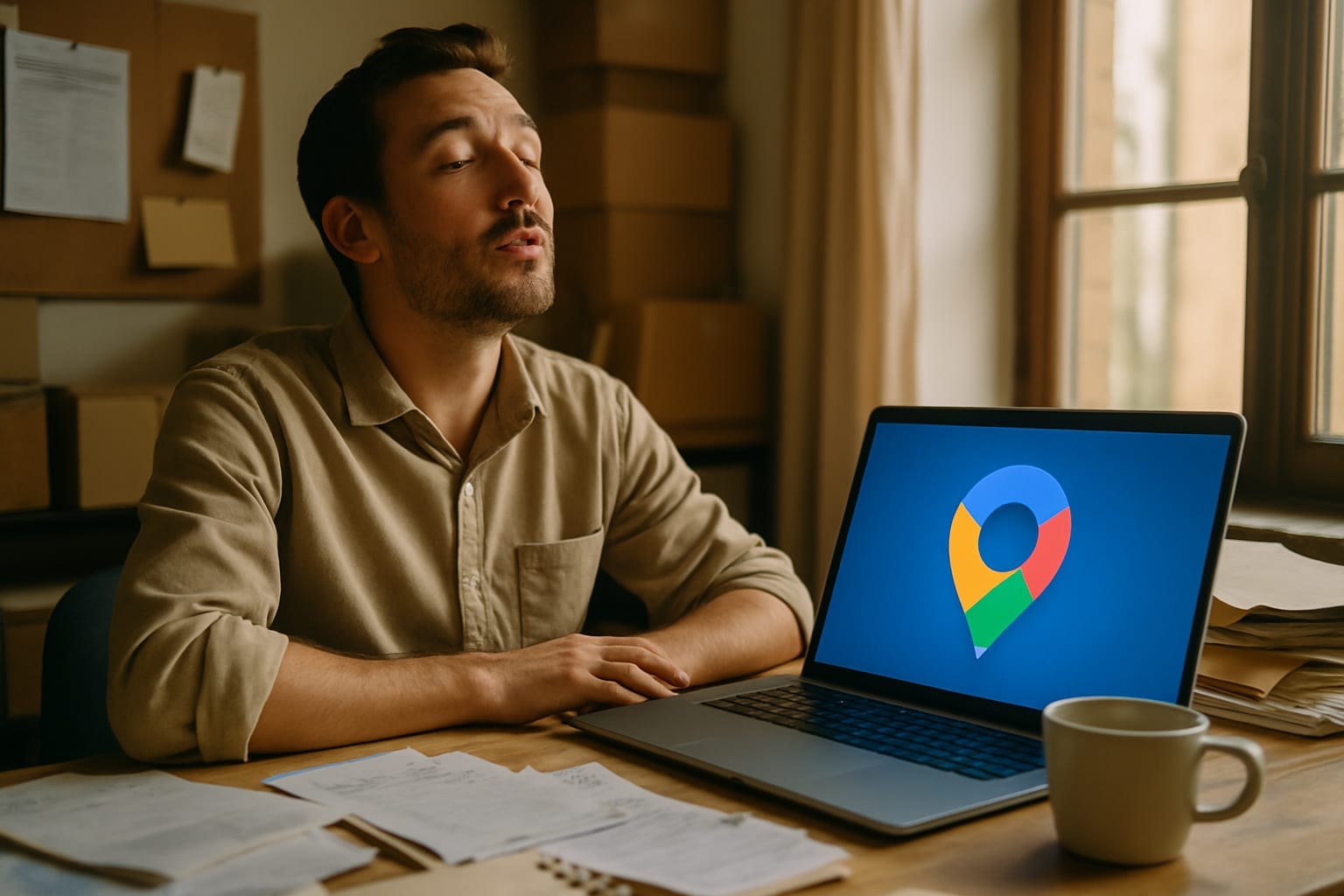 Relieved small business owner viewing recovered Google Business Profile map pin