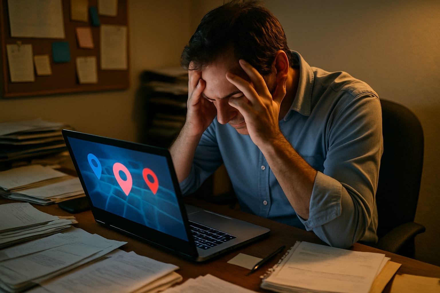 Stressed business owner reacting to suspended Google listing on laptop