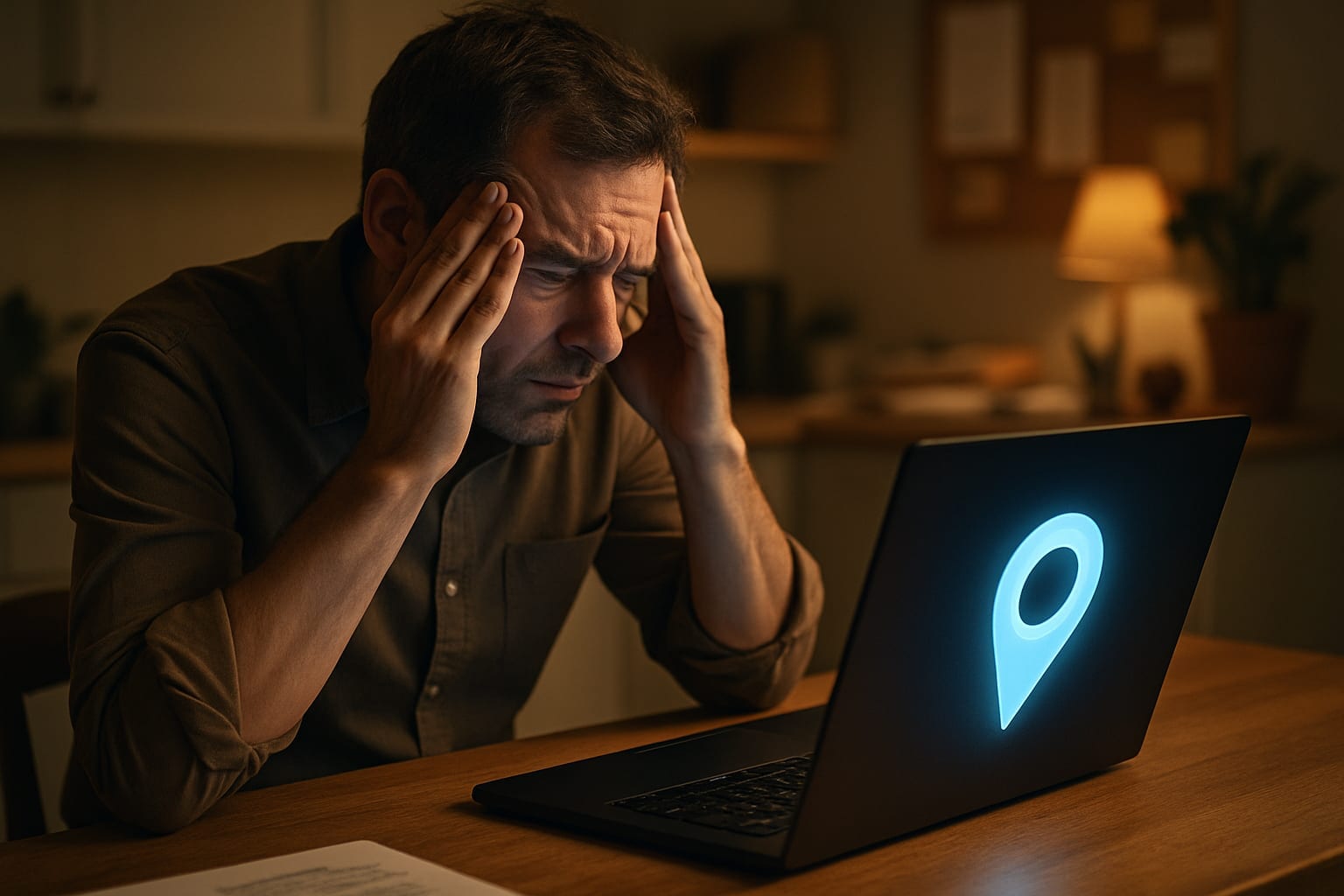 Stressed business owner staring at laptop showing Google Maps pin