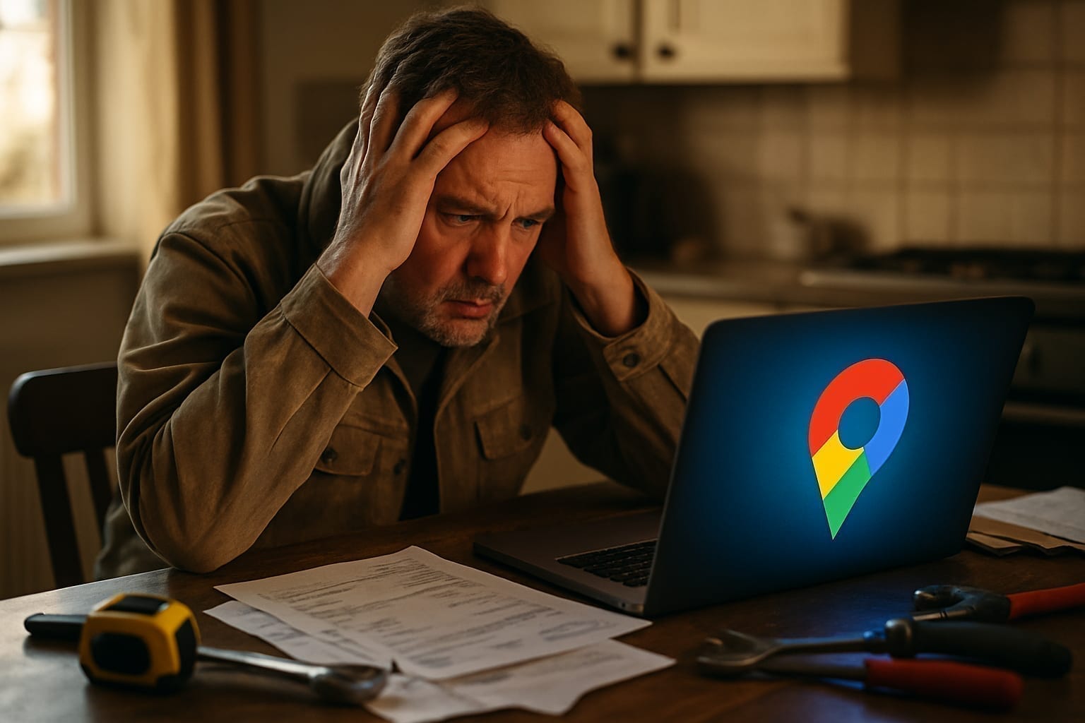 Stressed contractor staring at suspended Google Business Profile on laptop