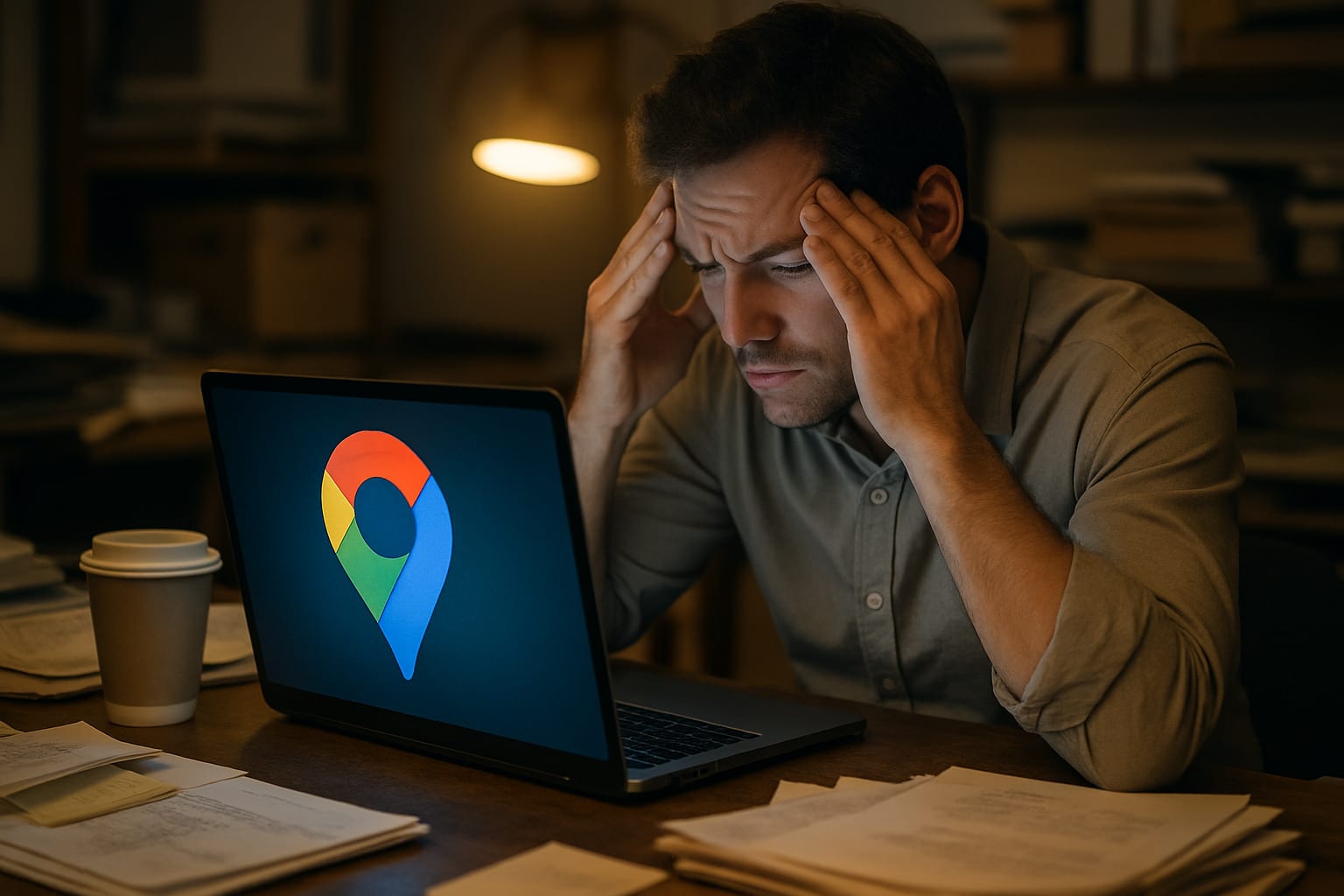 Stressed business owner viewing suspended Google Business Profile on laptop