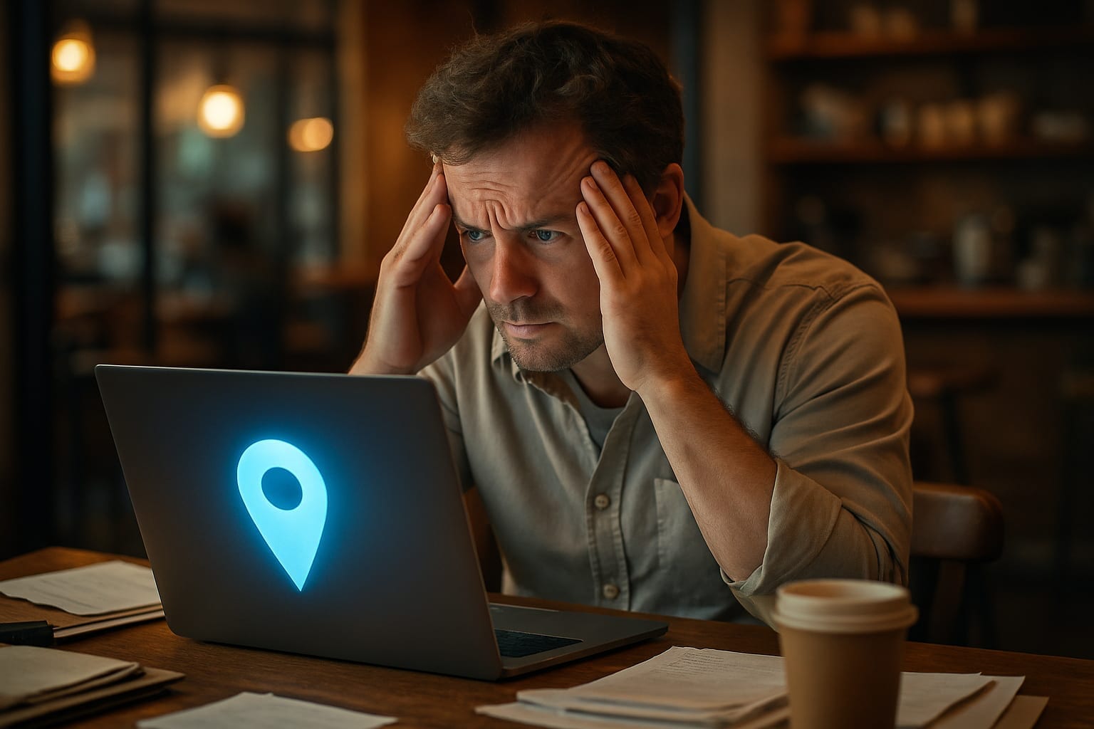 Stressed small business owner staring at suspended Google Maps listing