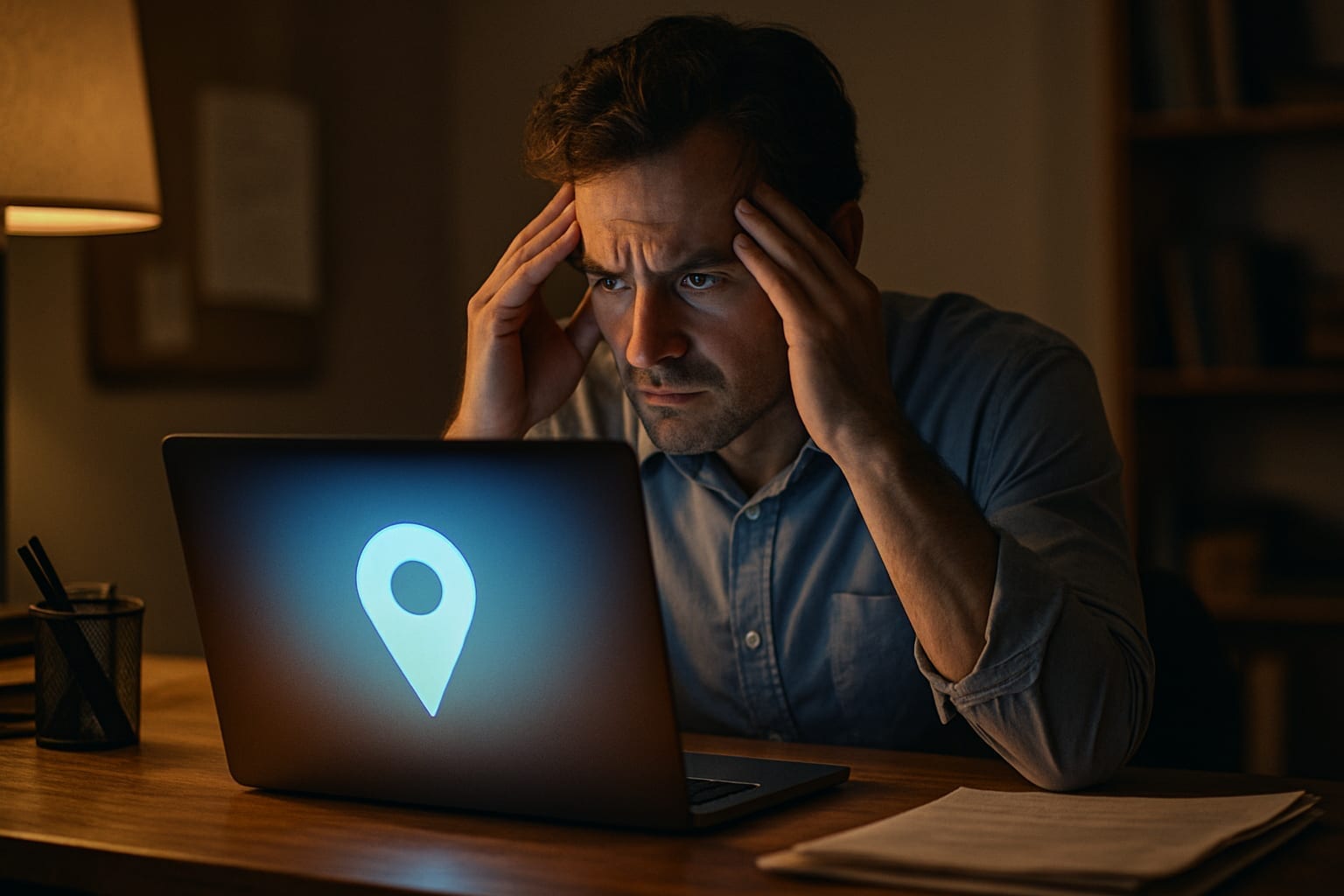 Stressed business owner staring at laptop showing suspended Google Maps pin