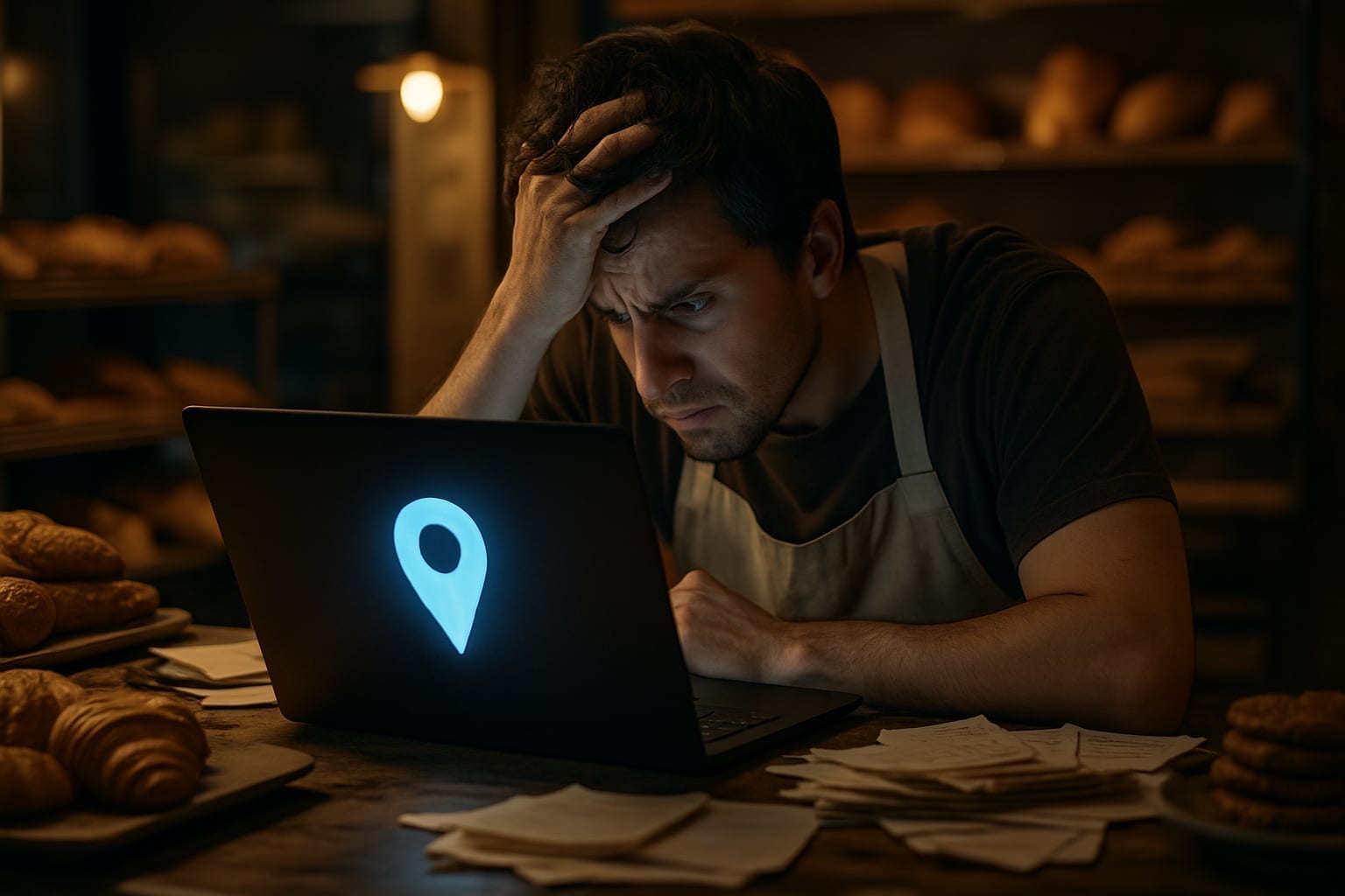 Stressed bakery owner viewing suspended Google Maps listing on laptop