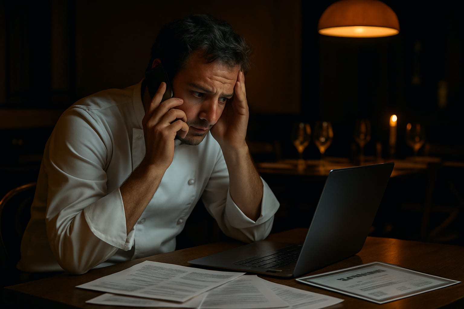 Stressed restaurant owner on phone at empty dining table late at night