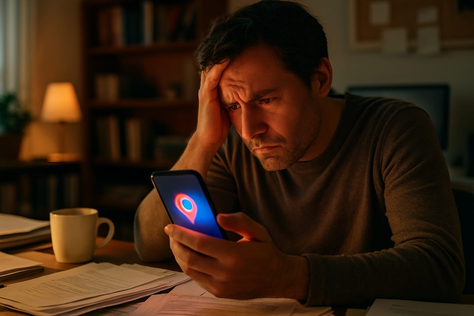 Stressed small business owner checking suspended Google Business Profile on phone