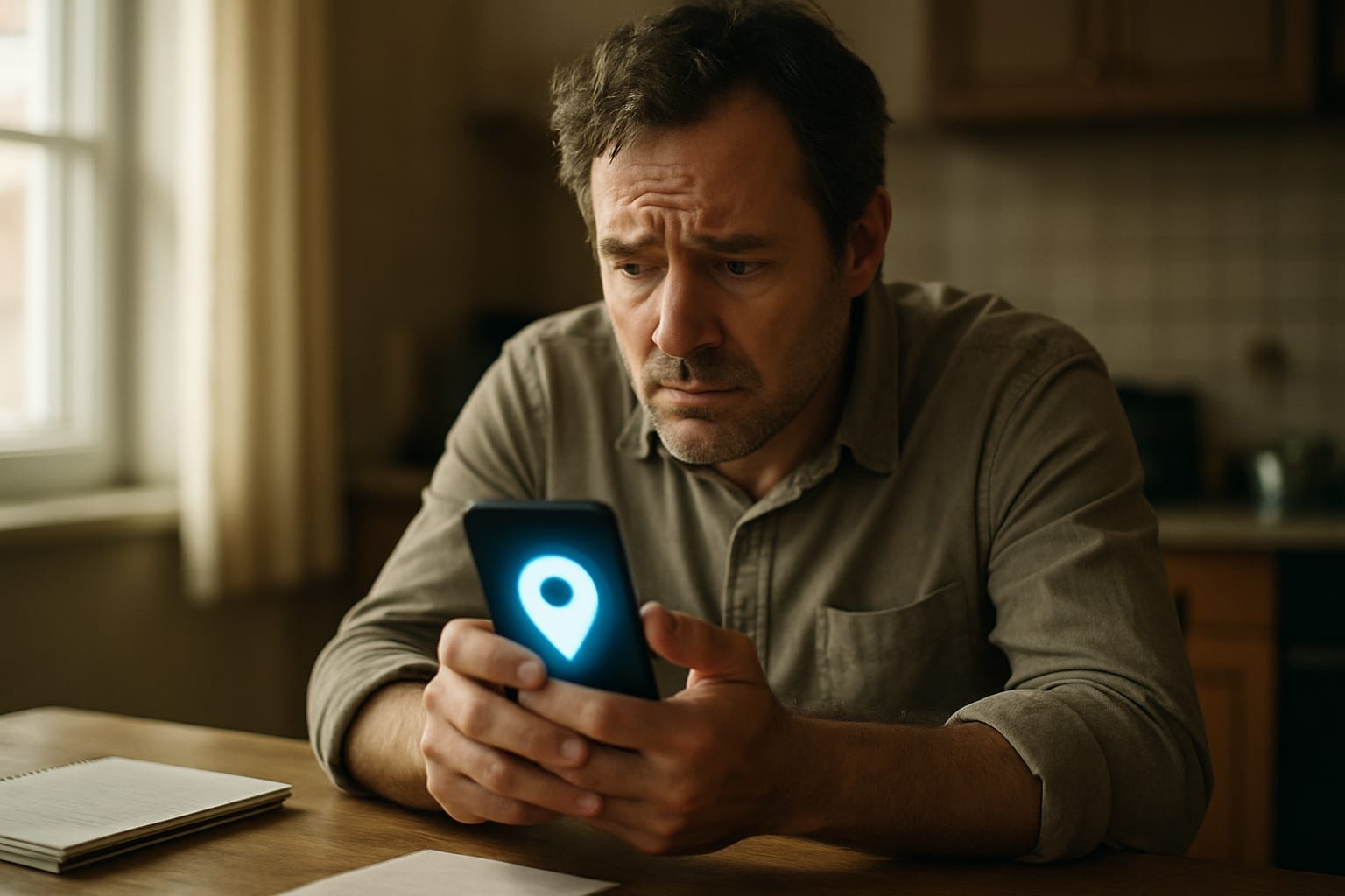 Stressed business owner gripping phone displaying Google Maps pin