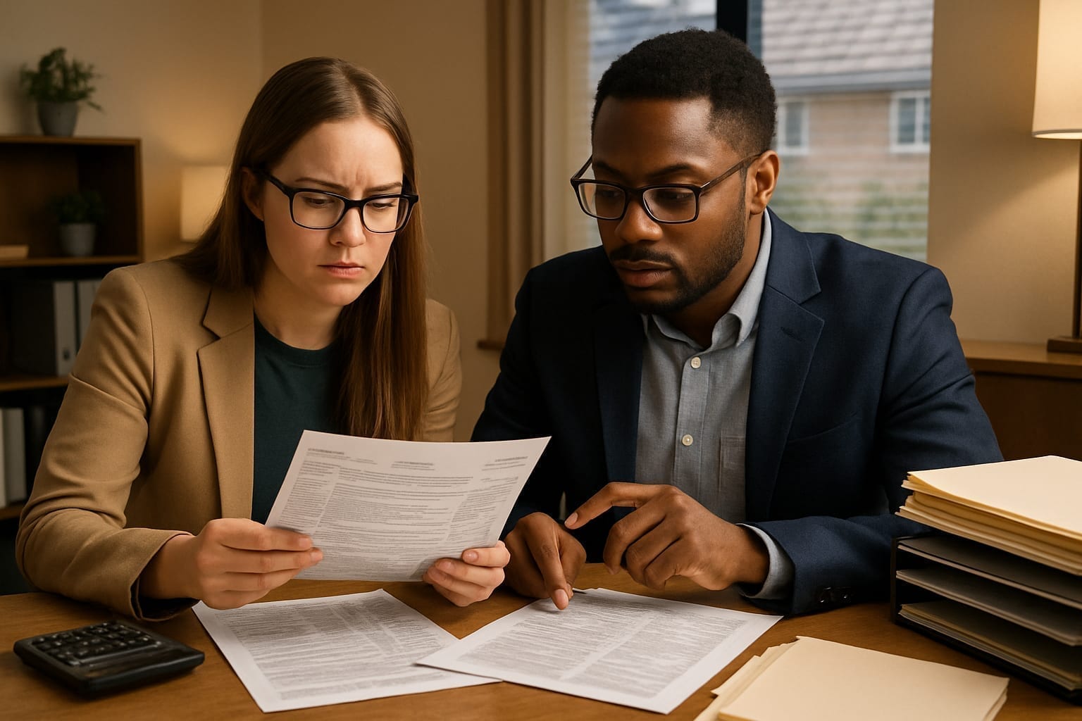 Two accountants reviewing tax documents at a professional office desk