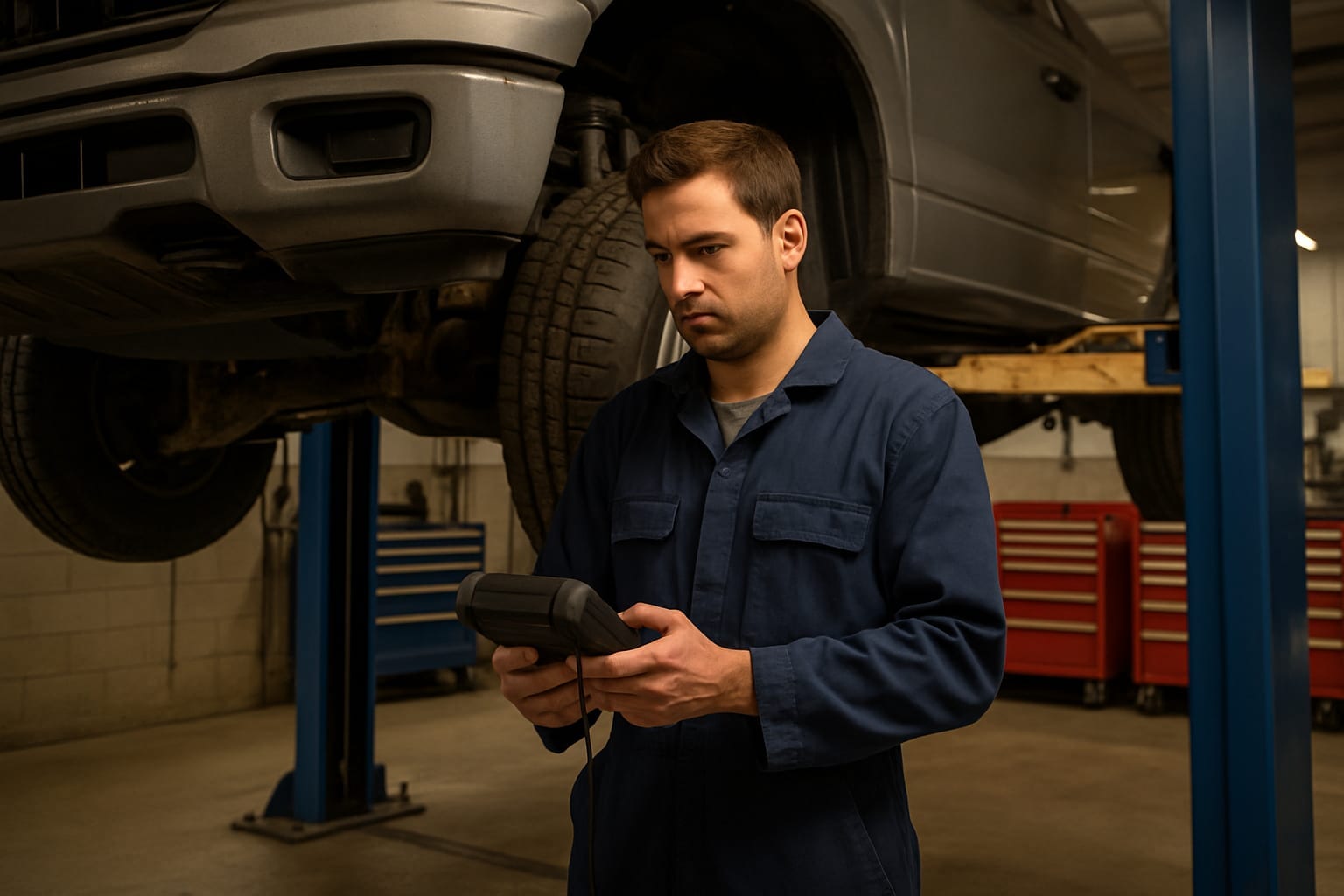 Mechanic using diagnostic scanner beneath raised truck in auto repair garage