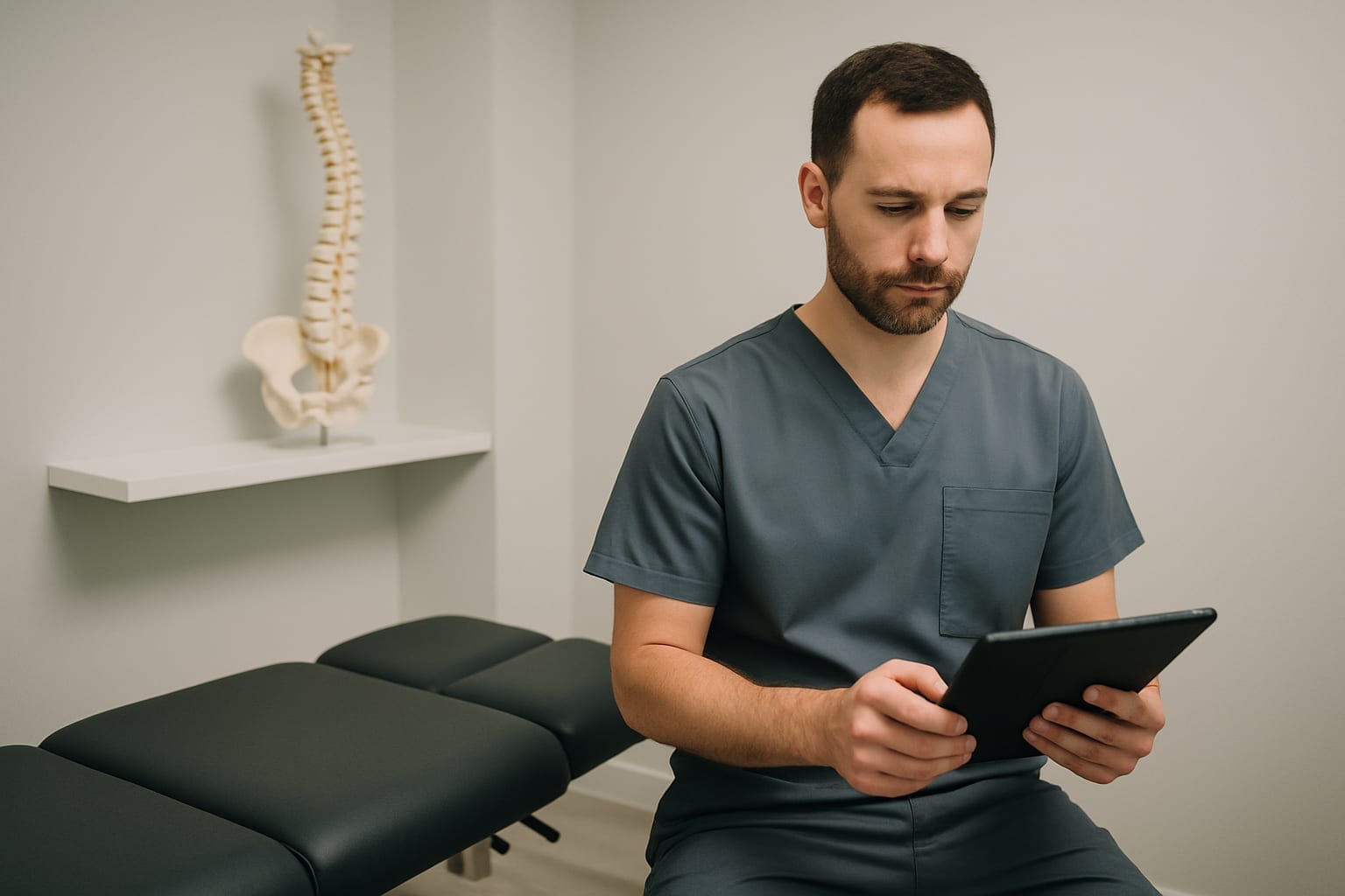 Chiropractor in scrubs reviewing tablet in modern treatment room