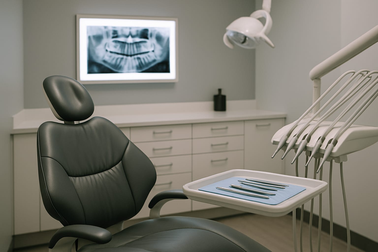 Modern dental office interior with dentist chair and glowing x-ray lightbox