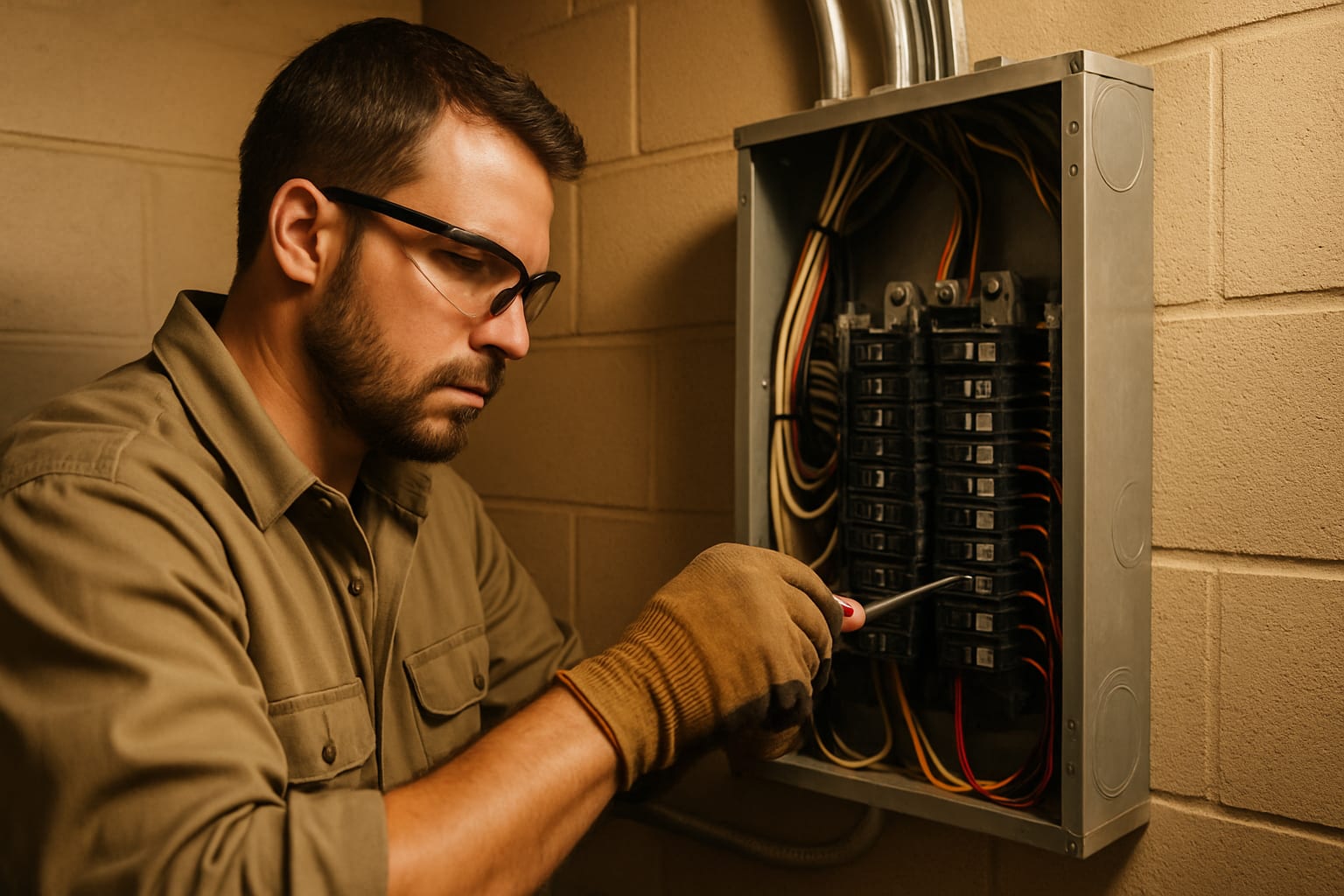 Electrician in safety glasses wiring a residential electrical breaker panel