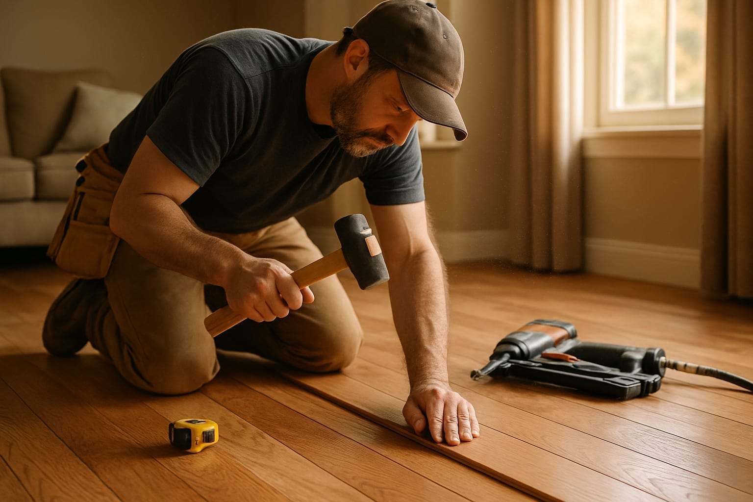 Flooring installer kneeling while hand-nailing hardwood planks in home
