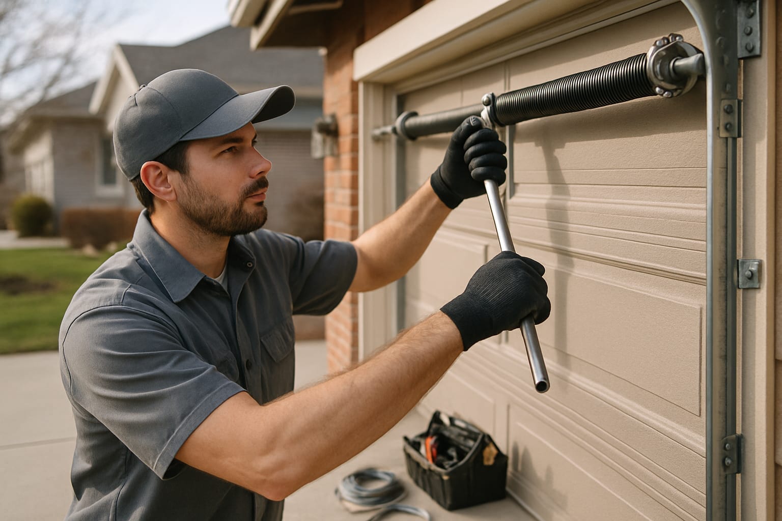 Garage door technician adjusting torsion springs at Denver suburban home