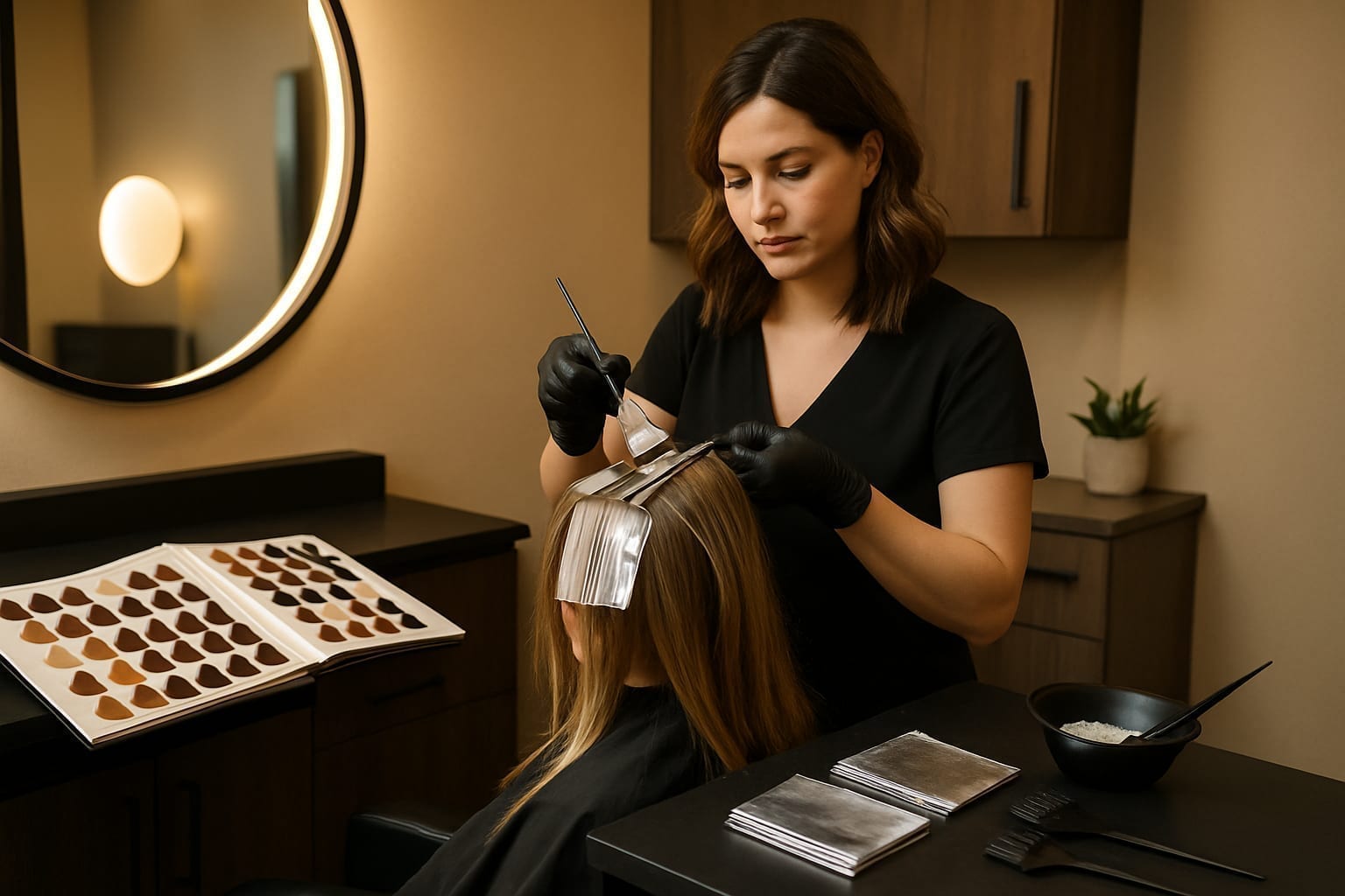 Hair colorist applying highlights in a modern Kansas City salon suite