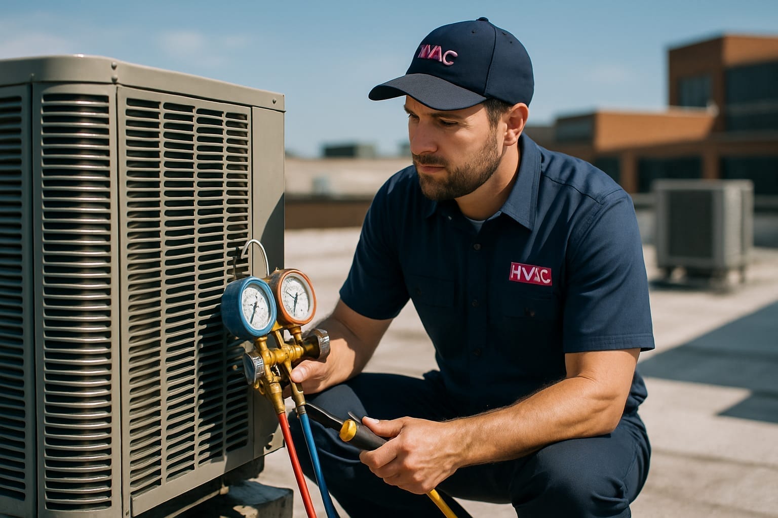 HVAC technician inspecting rooftop unit with gauges in Nashville