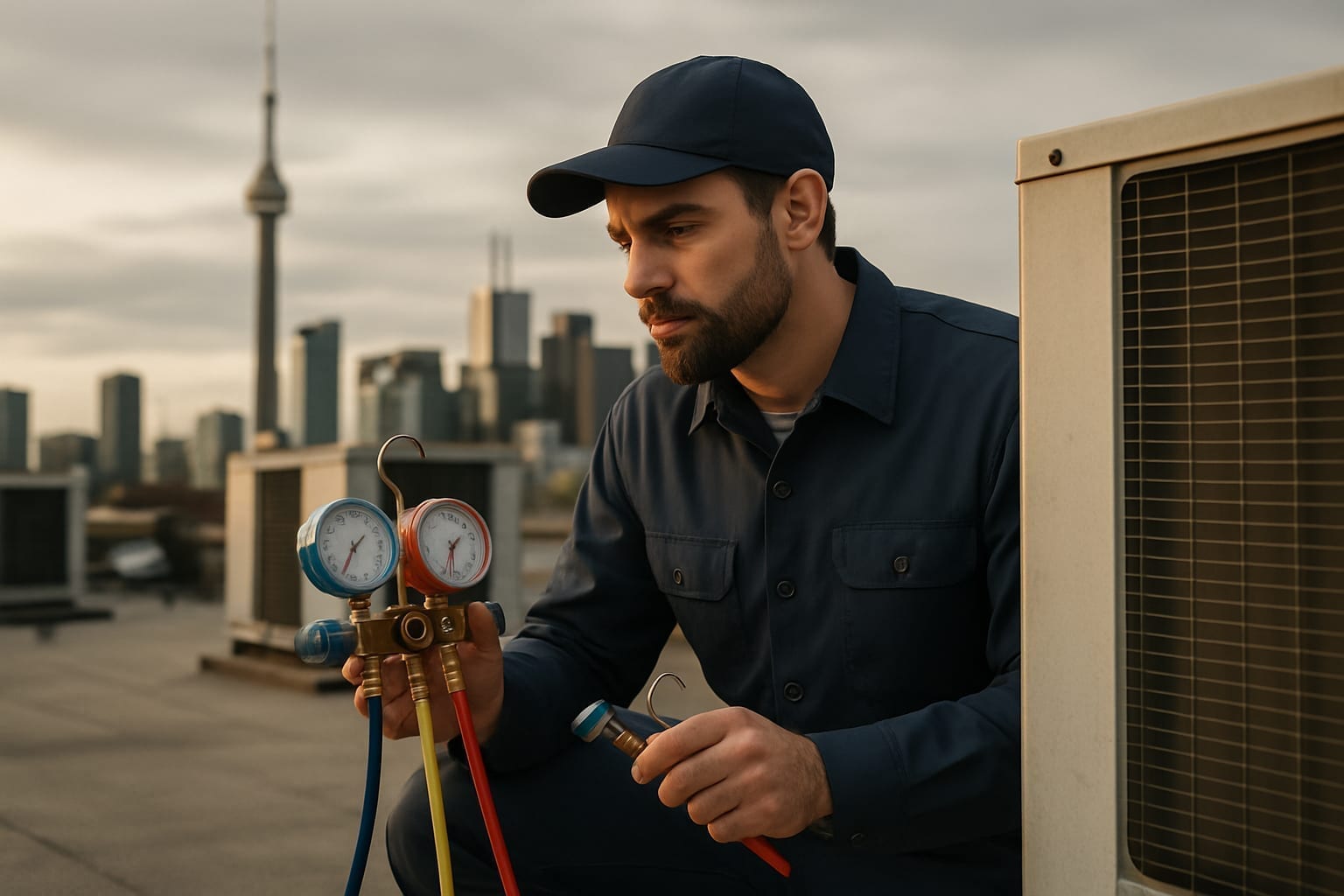 HVAC technician inspecting rooftop unit on Toronto building