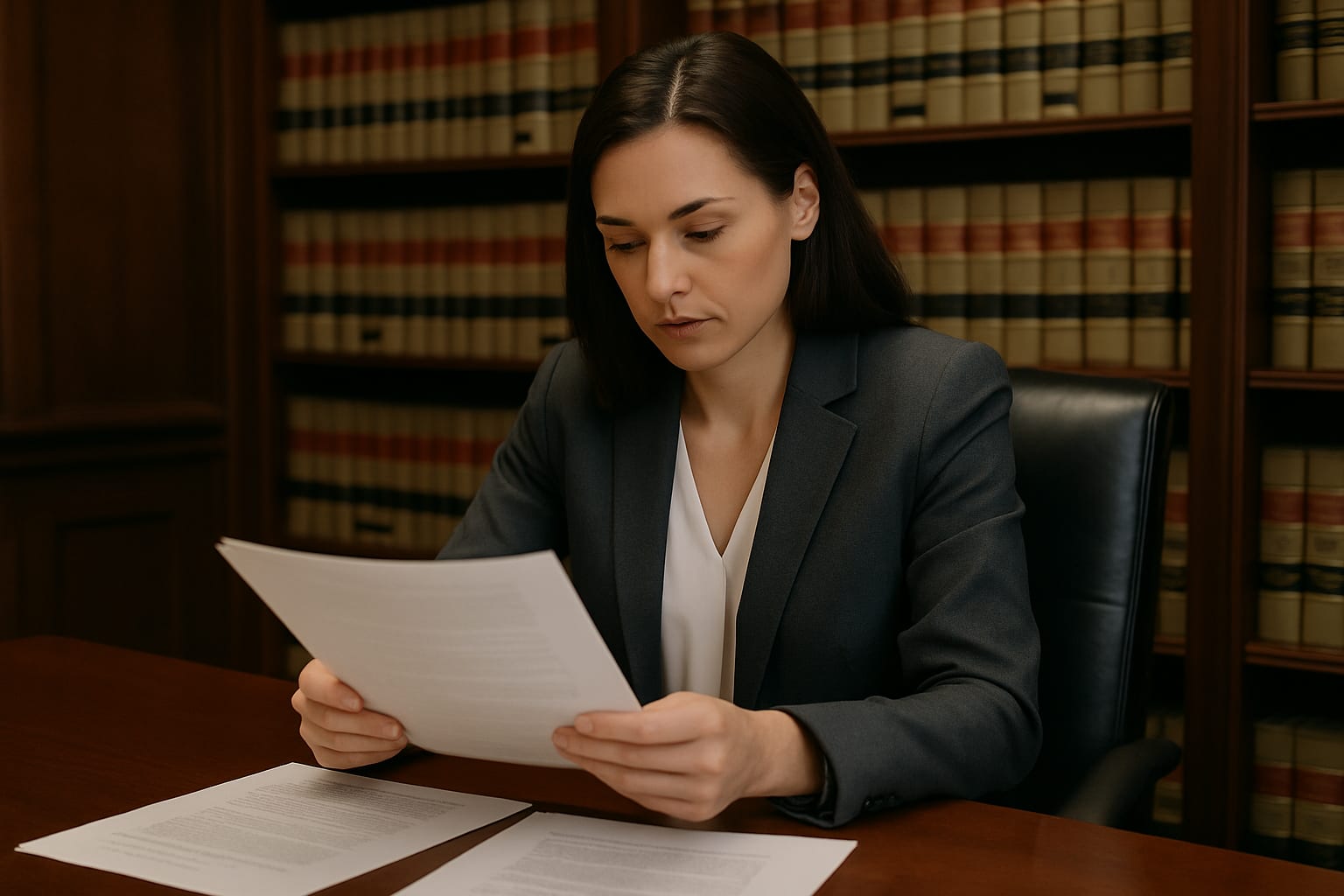 Female attorney reviewing legal documents at mahogany desk in law office
