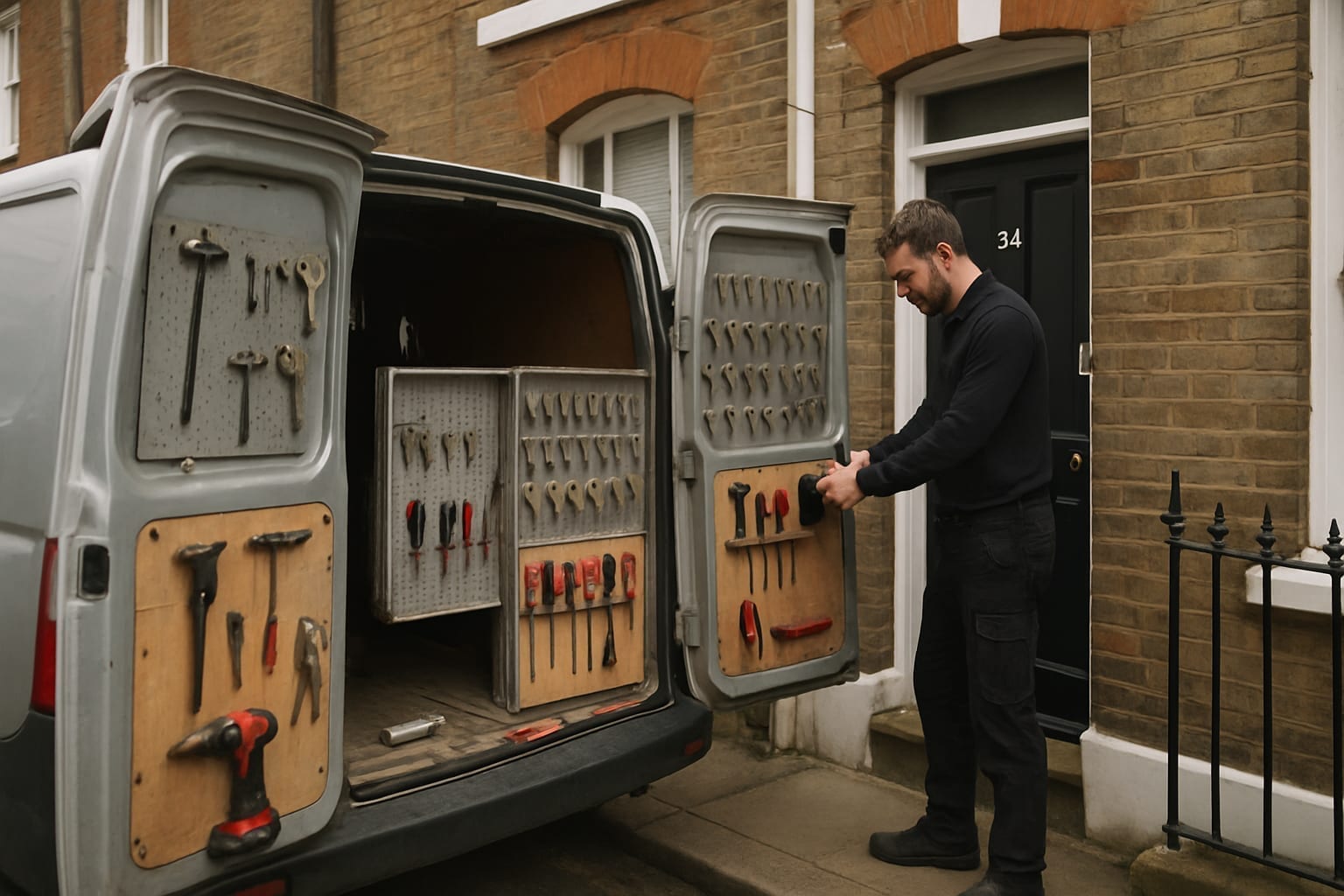 Locksmith technician with van and tools outside London terrace