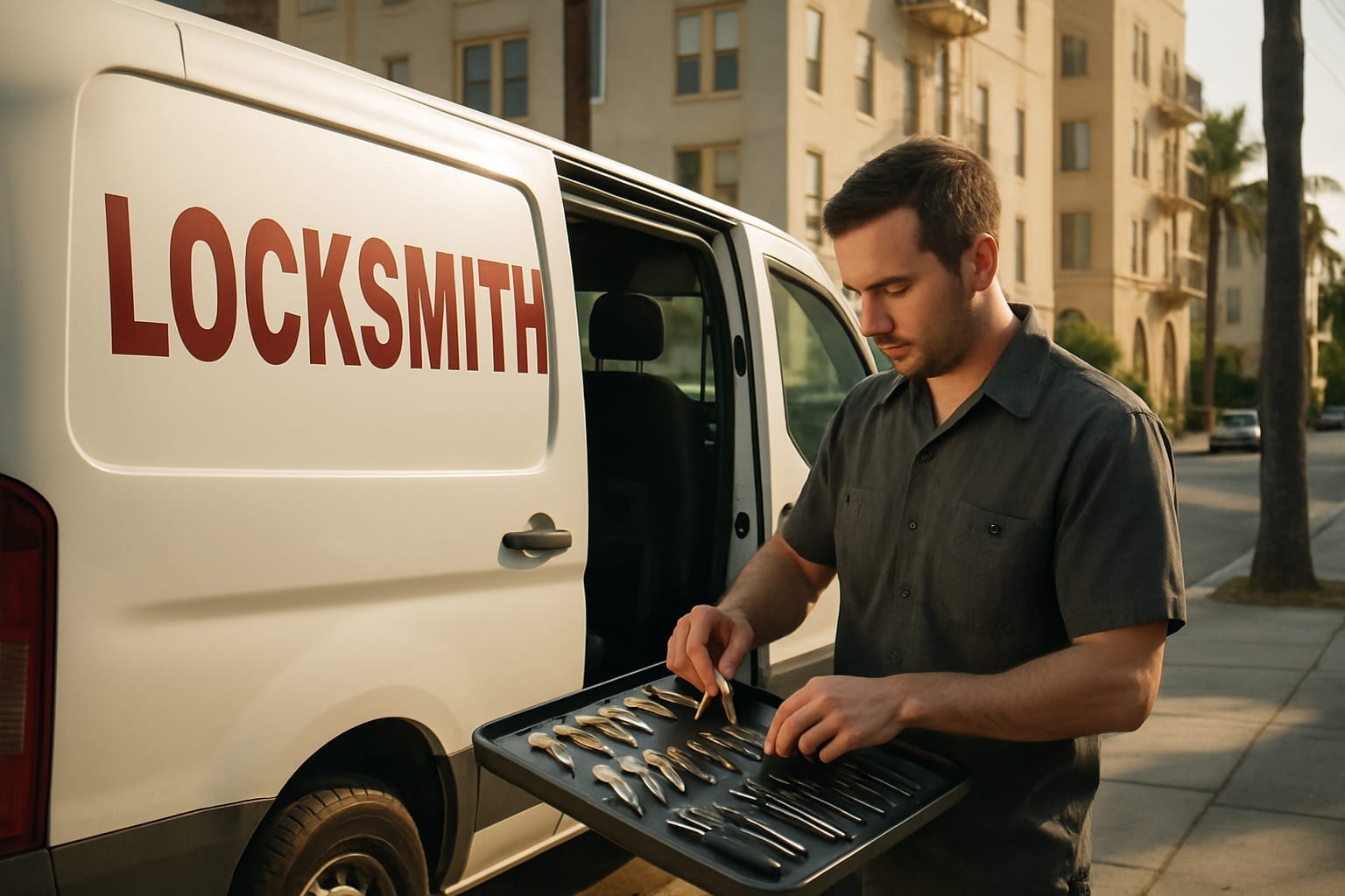 Locksmith technician organizing tools beside van in Los Angeles