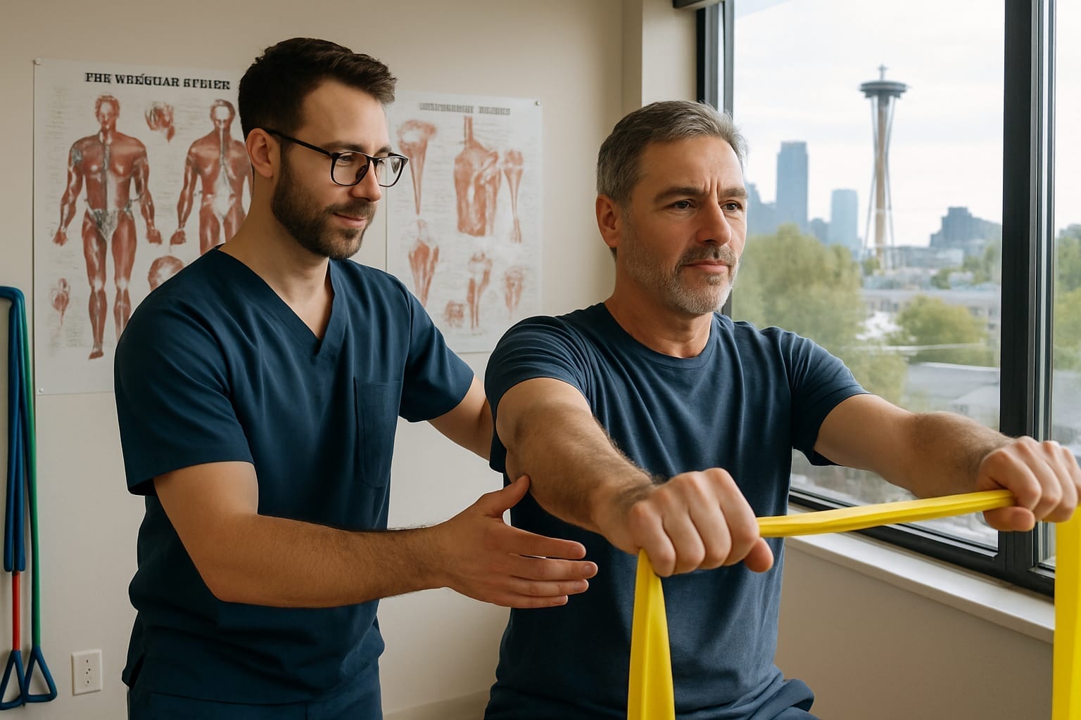 Physical therapist helping patient with shoulder rehabilitation in modern clinic