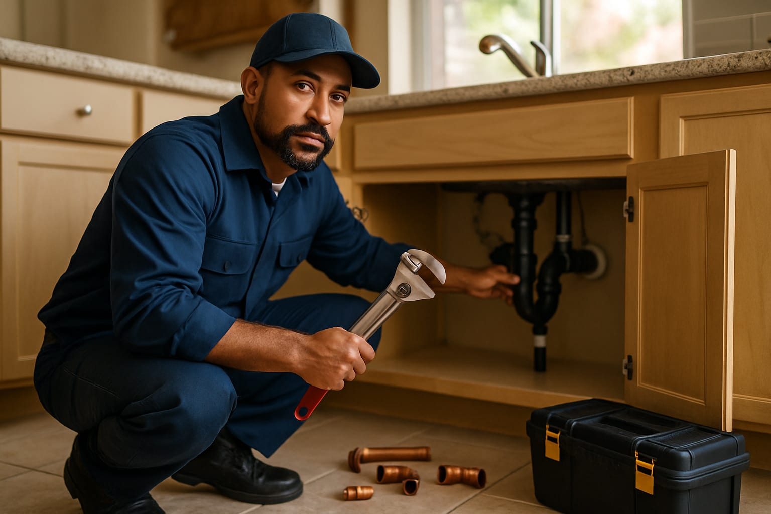 Plumber repairing copper pipes beneath a kitchen sink in Houston