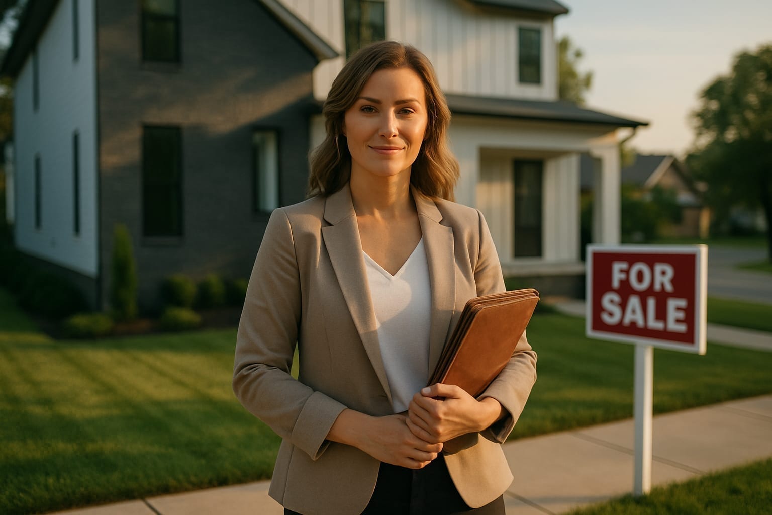 Real estate agent standing outside a Nashville home with portfolio