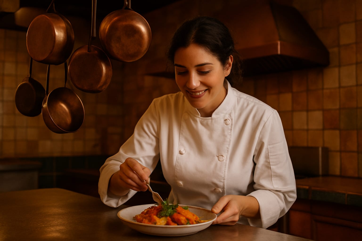Female chef plating food in a warm Cuban restaurant kitchen