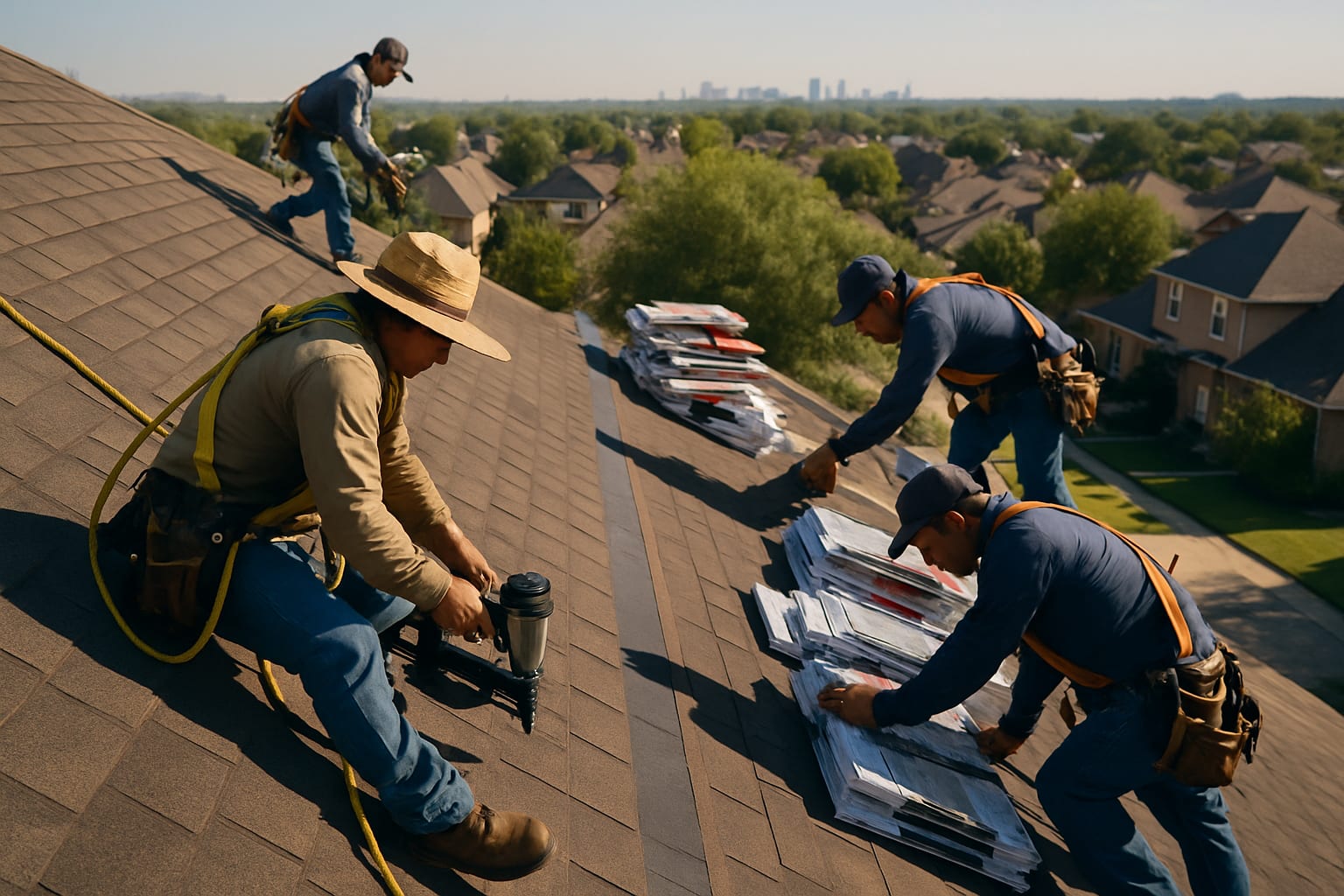 Roofing crew installing shingles on a steep residential roof
