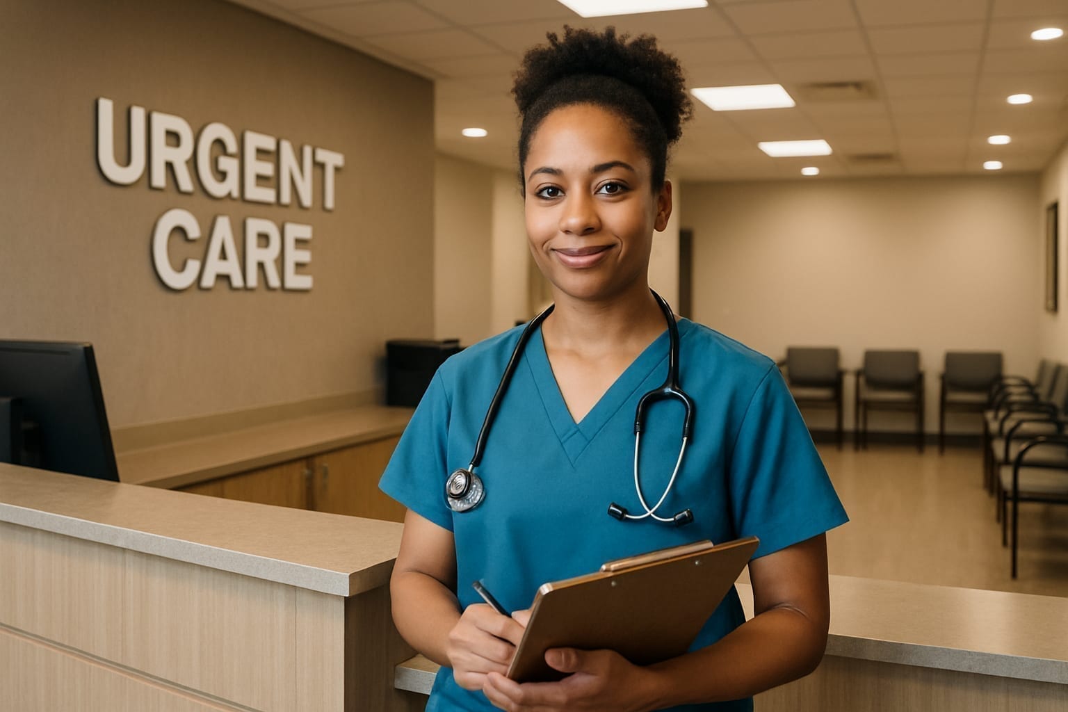 Urgent care clinic staff member at reception desk with clipboard