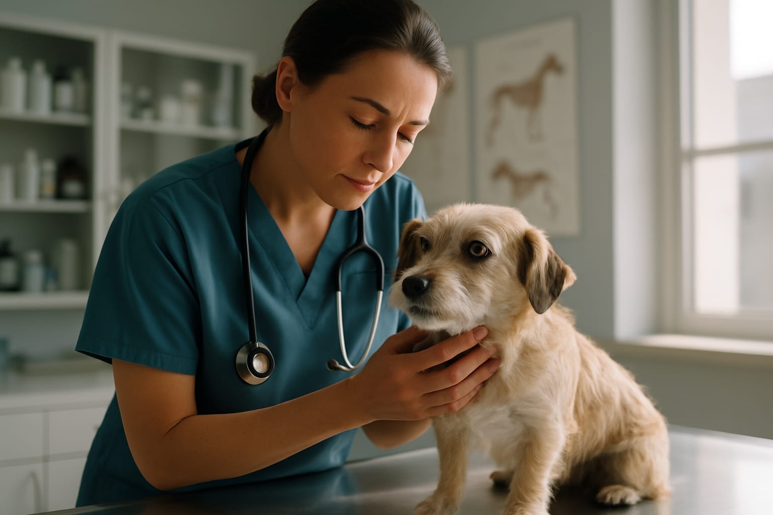 Veterinarian examining small dog on exam table in clinic